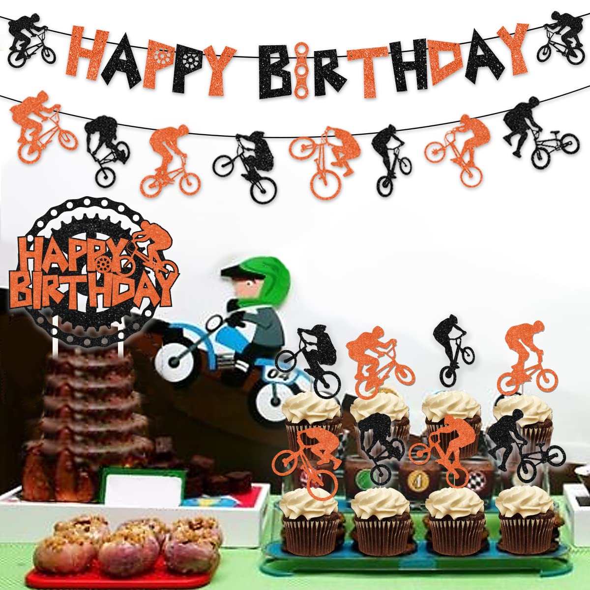 Orange & Black BMX Bike Birthday Party Decorations - Happy Birthday Banner, Cake Topper, Garland & Balloons for Extreme Sports Themed Parties | Perfect for Boys' Motocross & Bicycle Celebration Decor