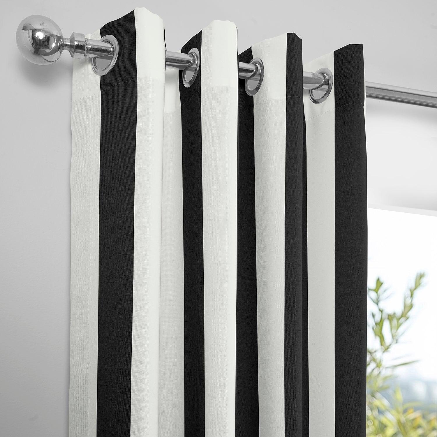 Nautical Black Striped Grommet Villanova Outdoor Curtains - Waterproof Sun Shade Patio Curtains for Porch, Deck, Poolside & Backyard Privacy