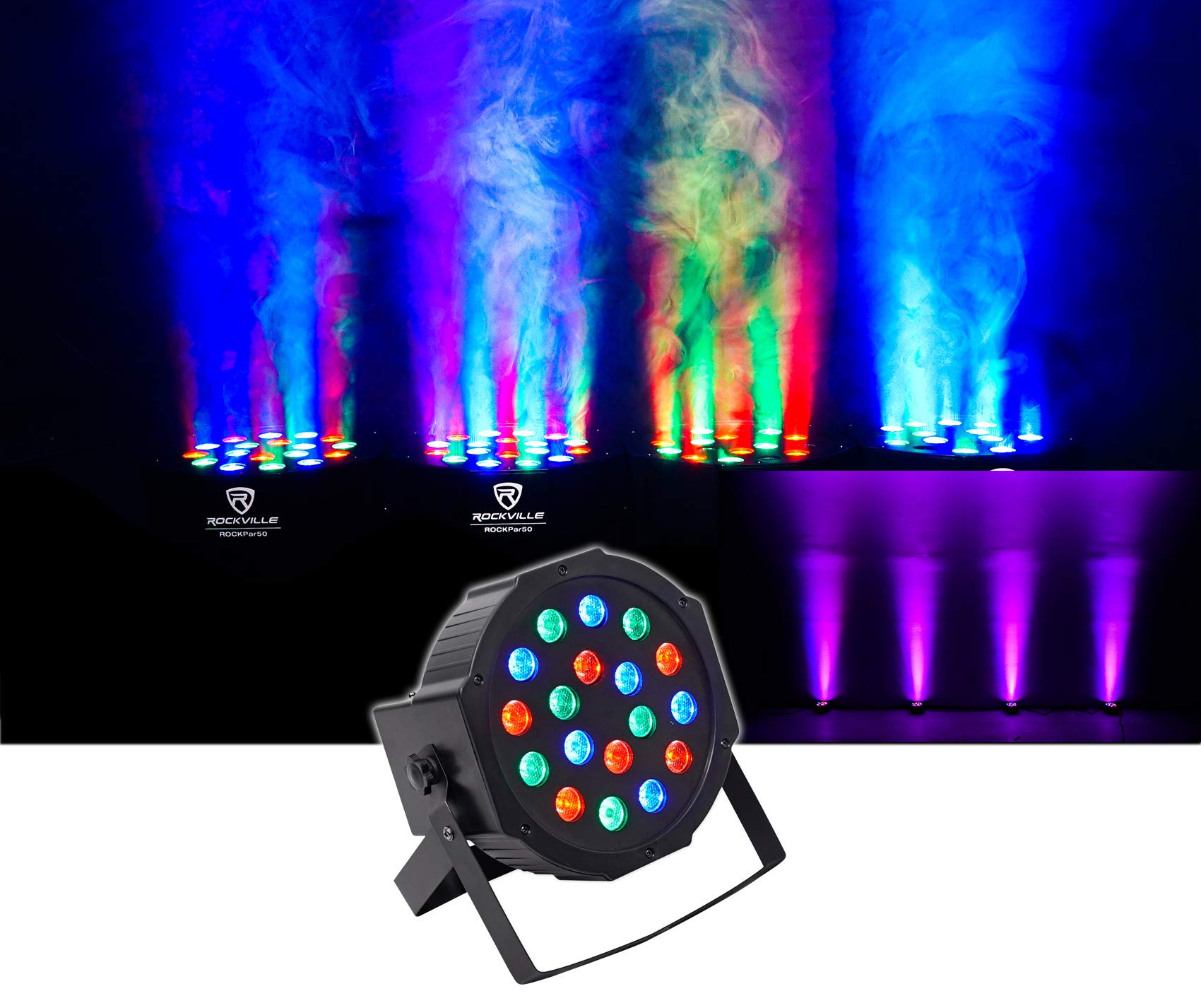 Rockville RockPAR50 LED RGB Par Can DMX DJ Stage Lighting - 6 Pack with Backpack for Club, Concert, and Event Wash Lighting
