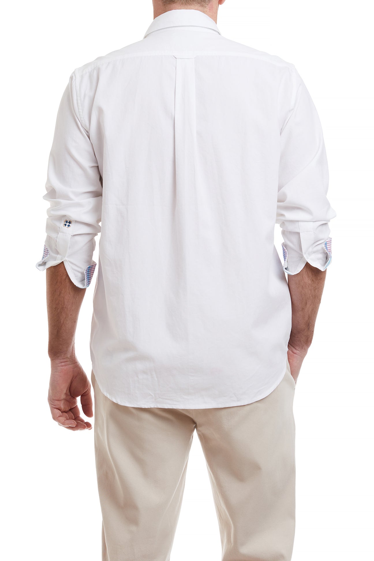 Men's White Oxford Chase Shirt with Cove Madras Trim - Classic Casual Button Down Shirt for Office, Business & Everyday Wear