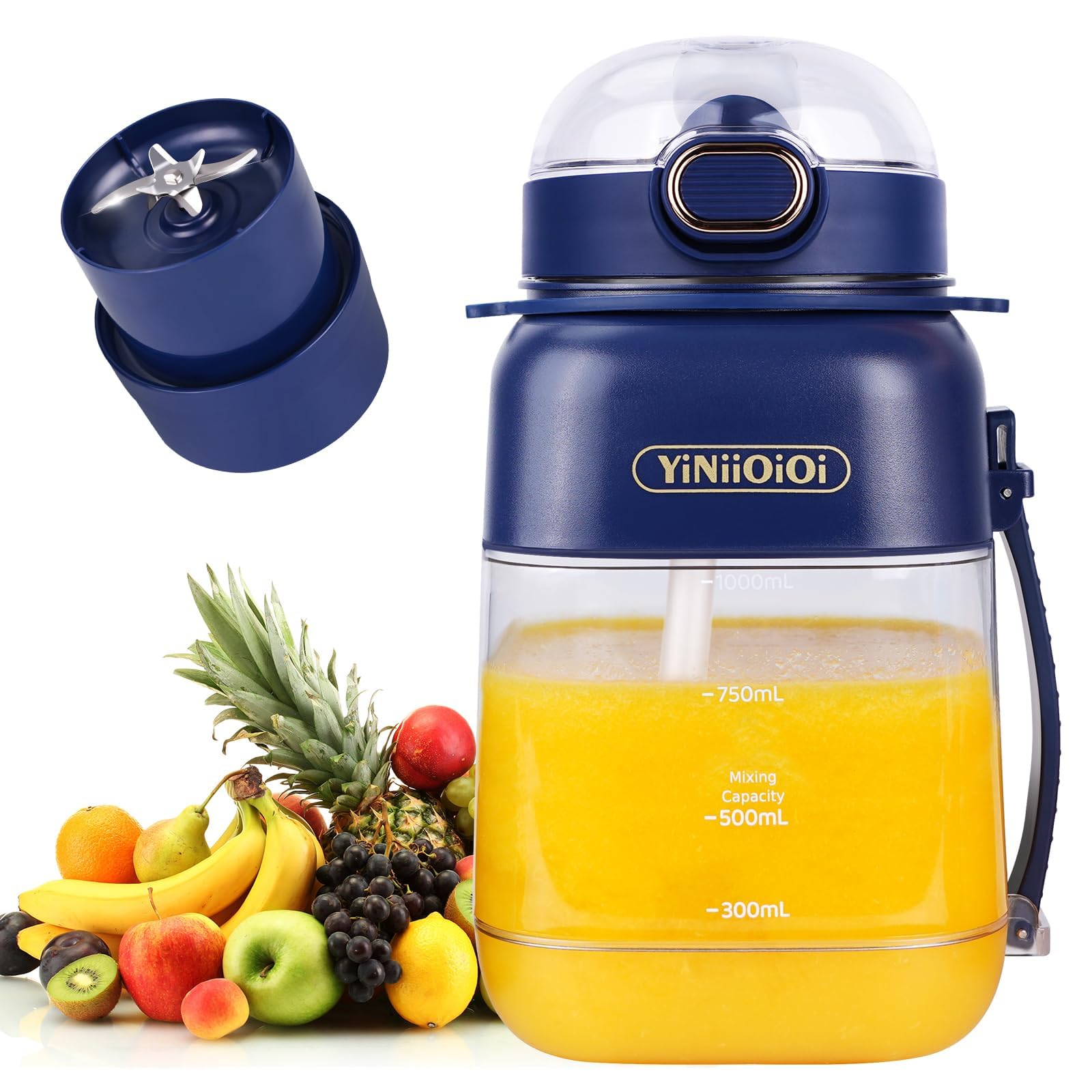 Portable Blender for Smoothies - 32 oz Personal Blender with 10 Blades, Travel Lid & Straw - Compact Juicer Blender for Sports, Gym, Office & Outdoor Activities (Blue)
