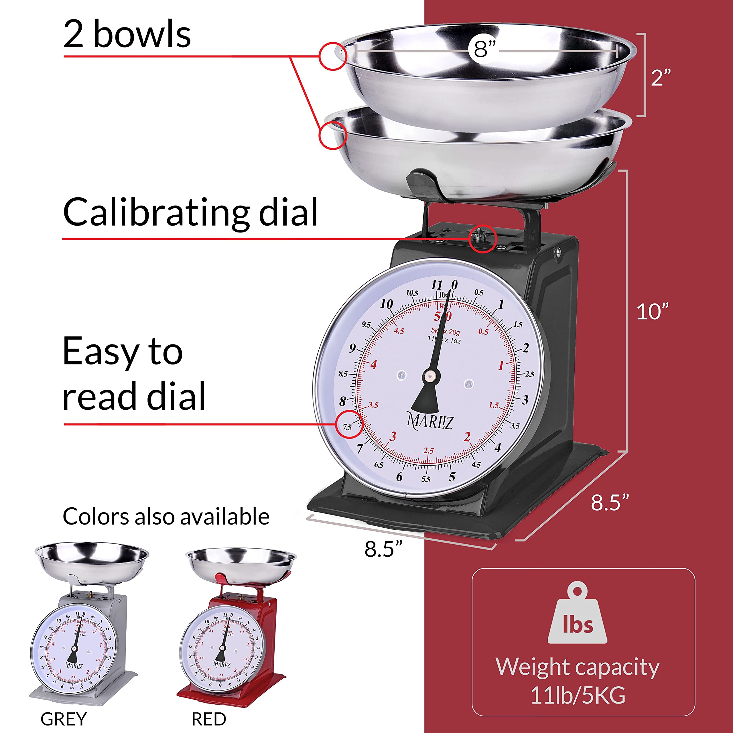 Vintage MARLIZ Kitchen Scale 11Lb/5Kg with 2 Bowls - Mechanical Dial Food Scale for Baking, Cooking & Meal Prep | Black Baker's Scale for Home & Professional Kitchens