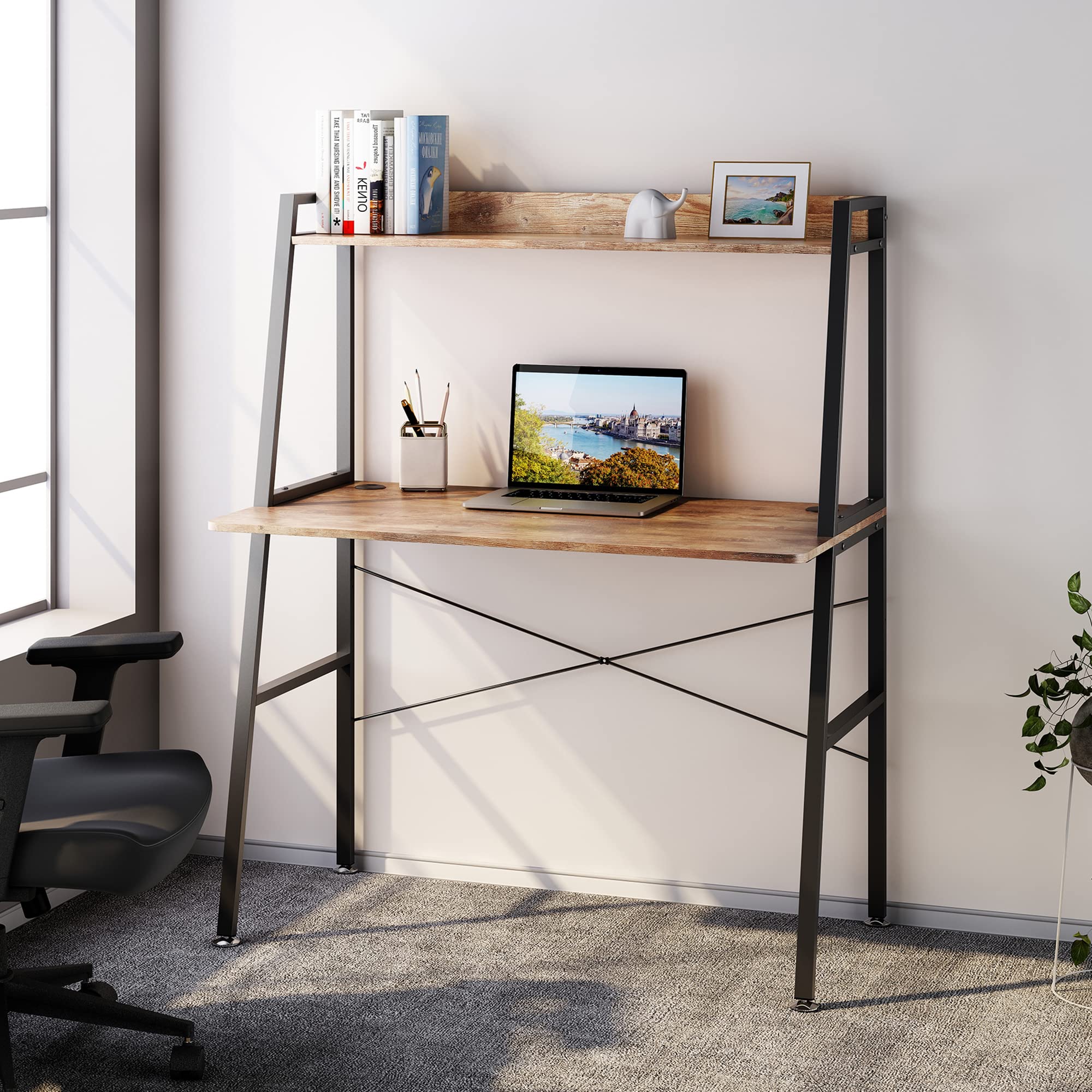 Rustic Brown 43 Inch Computer Ladder Desk with Shelves - Space Saving Home Office Workstation for Small Spaces, PC Laptop Study Writing Gaming Table with Storage Shelf & Bookshelf, Metal Frame - Perfect for Home Office, Dorm Room, or Gaming Setup