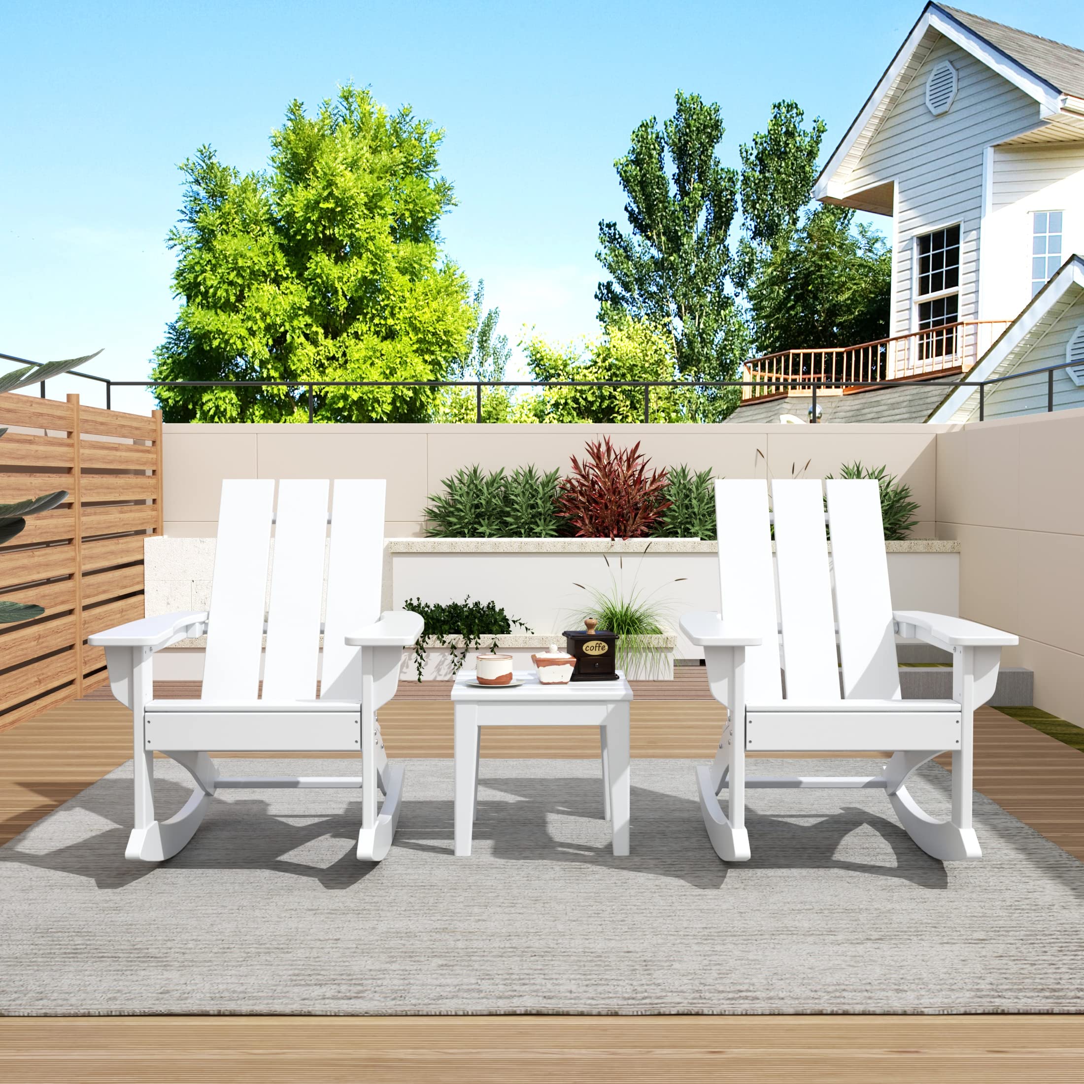WO Home Furniture 2-Piece Adirondack Rocking Chair Set - All-Weather UV-Resistant White Outdoor Patio Chairs for Garden, Deck, Porch & Backyard Relaxation
