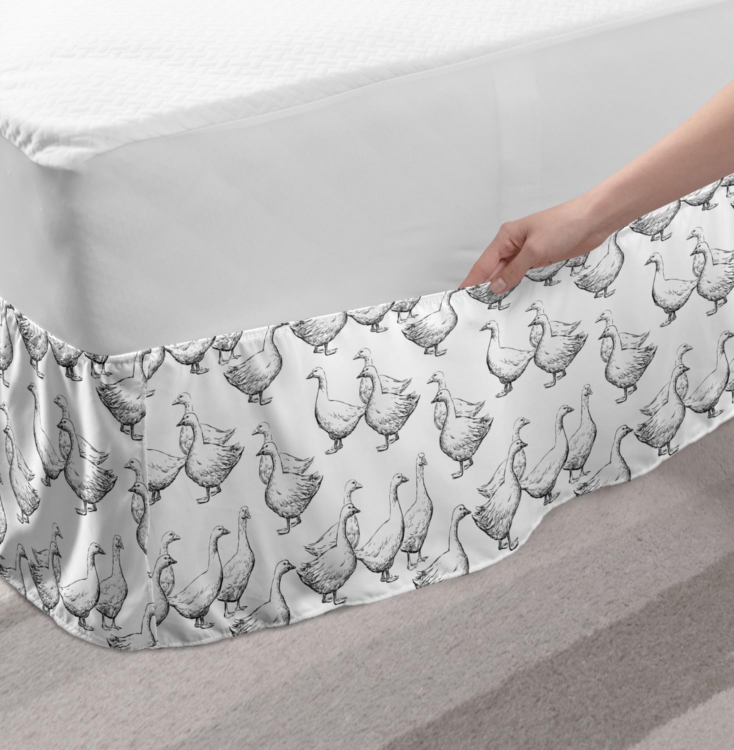 Ambesonne Goose Bed Skirt - Monochrome Hand-Drawn Bird Outline Design, Elastic Dust Ruffle Wrap for King Size Beds - Charcoal Grey & White | Perfect for Bedroom Decor, Guest Room Styling & Luxury Hotel Aesthetics