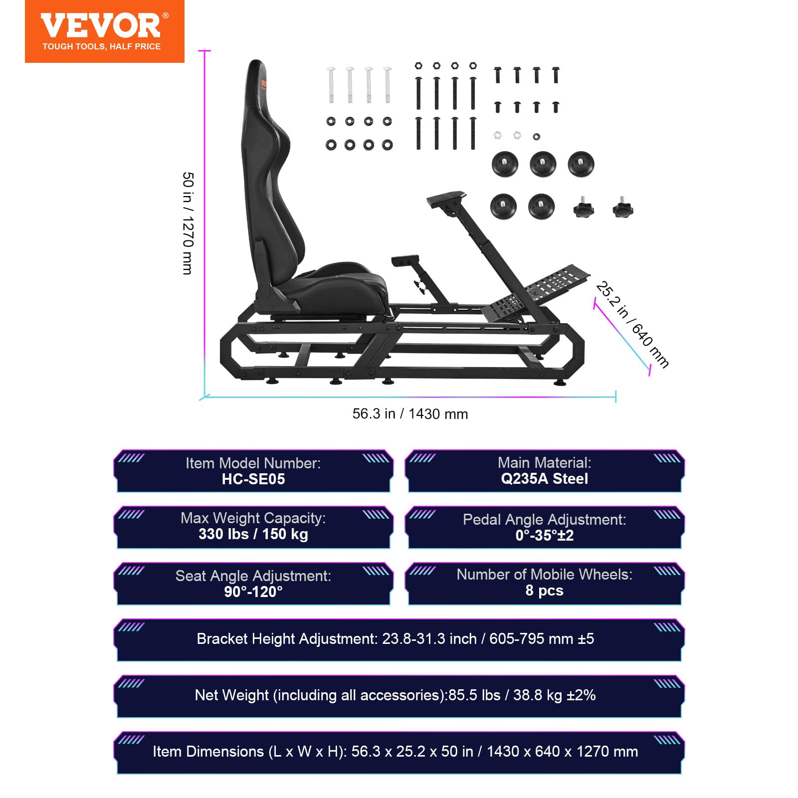 VEVOR Racing Wheel Stand for Logitech G923/G920/G29 & Thrustmaster T248P - Heavy Duty Steel Driving Simulator Cockpit with Adjustable Height & Pedal Angle - Max Load 330 lbs - Perfect for Gaming, Racing Simulation & Esports Tournaments
