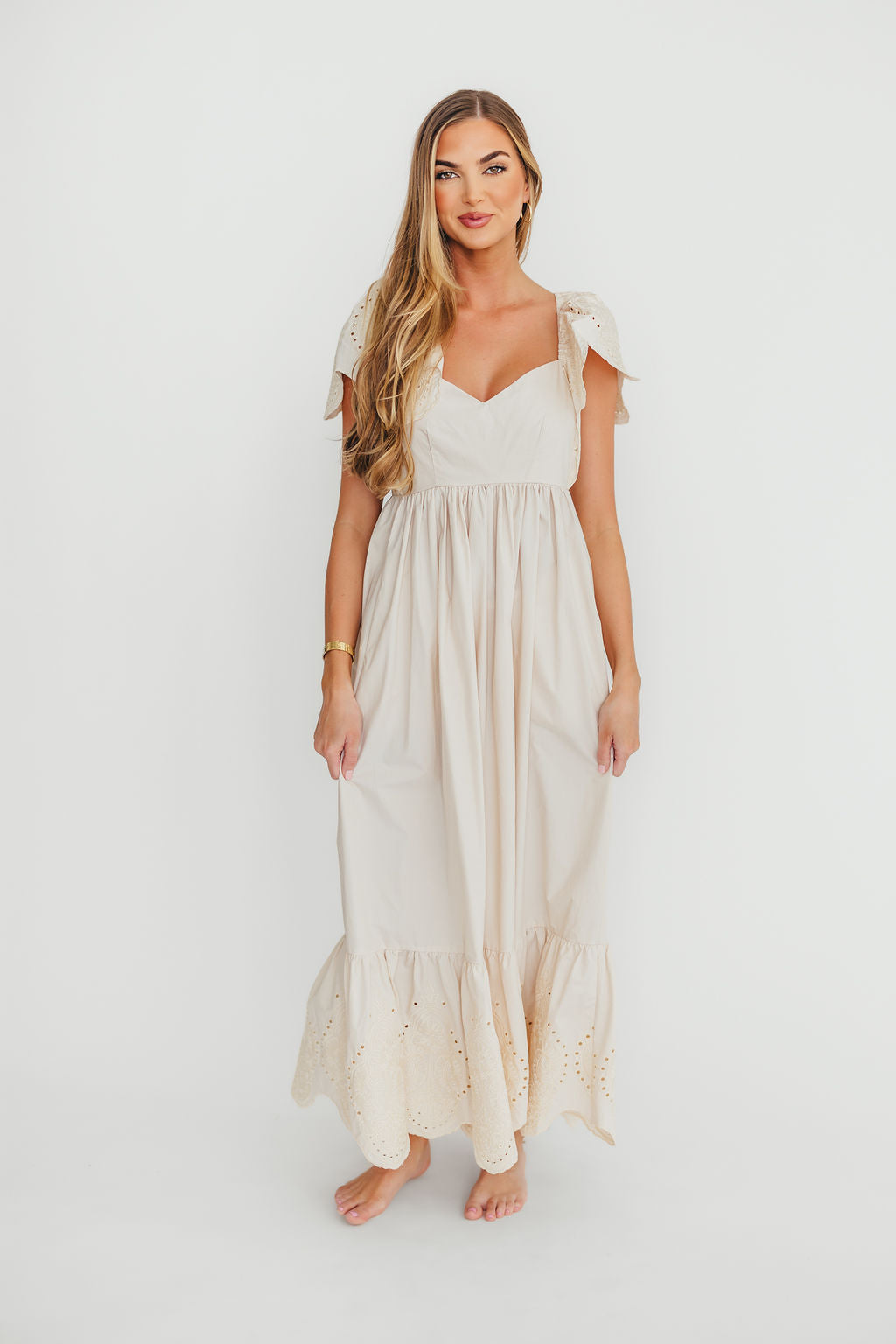 100% Cotton Eyelet Detail Maxi Dress - Brooklyn Natural Floral Summer Dress for Women | Perfect for Beach Vacations, Weddings & Outdoor Parties