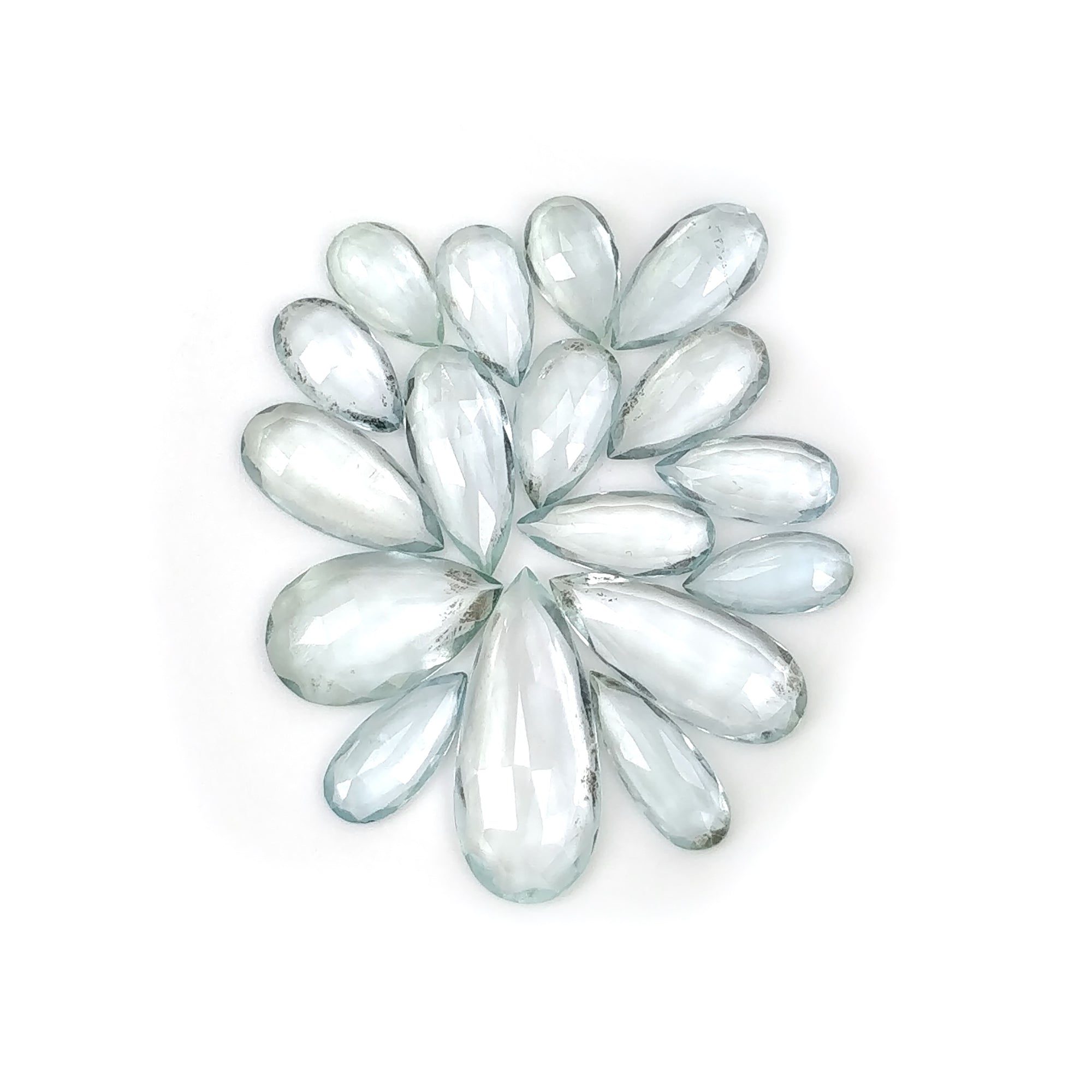Natural Blue Aquamarine Gemstone Rose Cut - 16.05cts Untreated Pear Shape (8x5mm to 17.5x7.5mm) - 17pcs Set for Jewelry Making, Engagement Rings & Healing Crystals