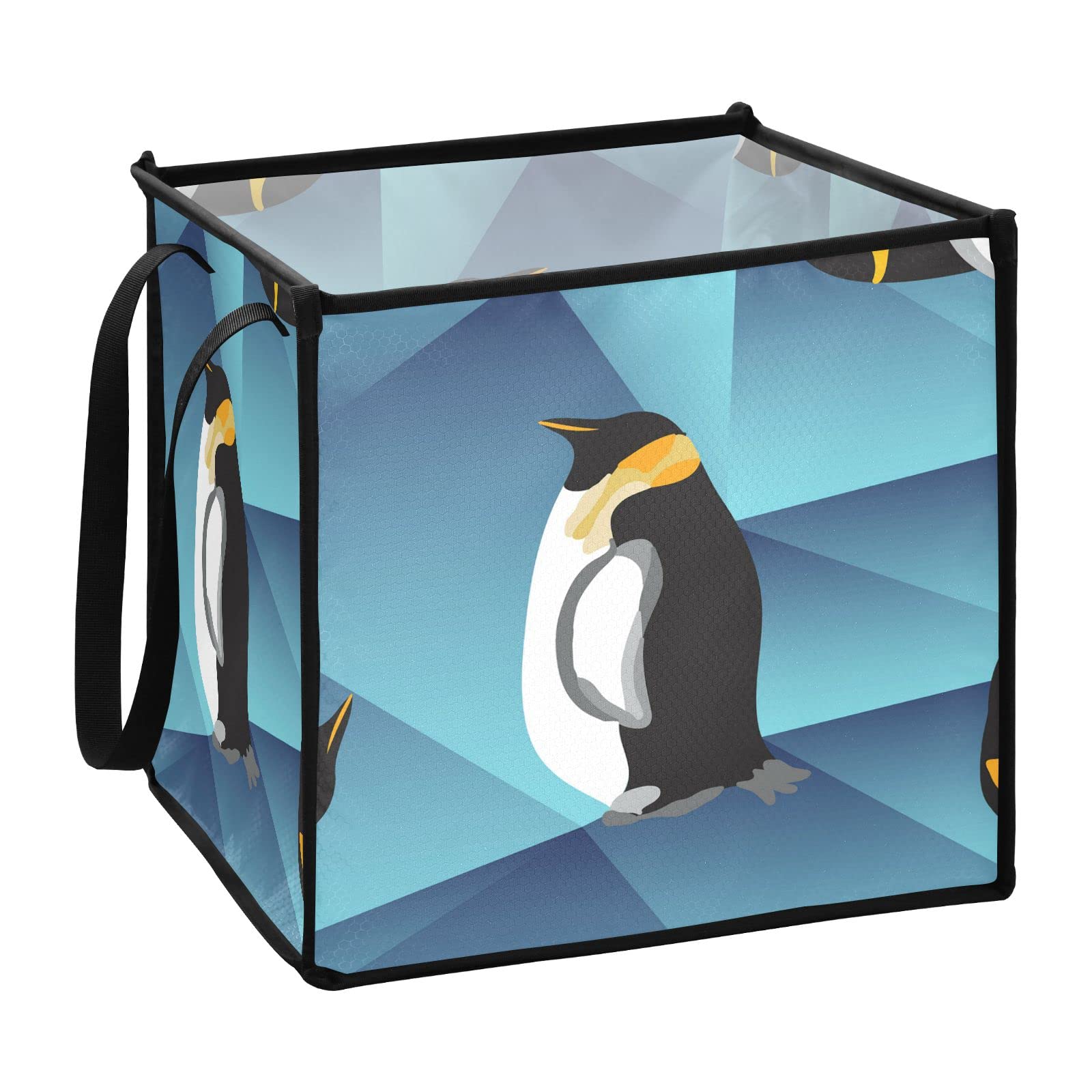 Penguin-Themed Blue Crystal Ice Square Collapsible Storage Bins - 10.6x10.6x10.6 Inch Foldable Fabric Cube Organizer with Handles for Toys, Nursery, Shelves & Closet Organization - Perfect for Kids' Room, Playroom & Home Storage Solutions