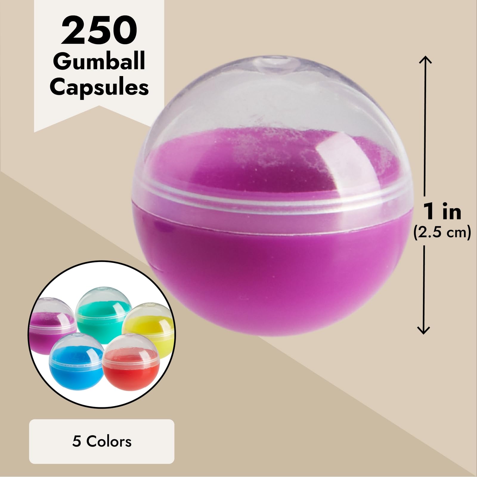 250-Pack 1 Inch Vending Machine Capsules - Bulk Gumball, Toy & Temporary Tattoo Refills (5 Colors) for Arcades, Parties & Retail Stores