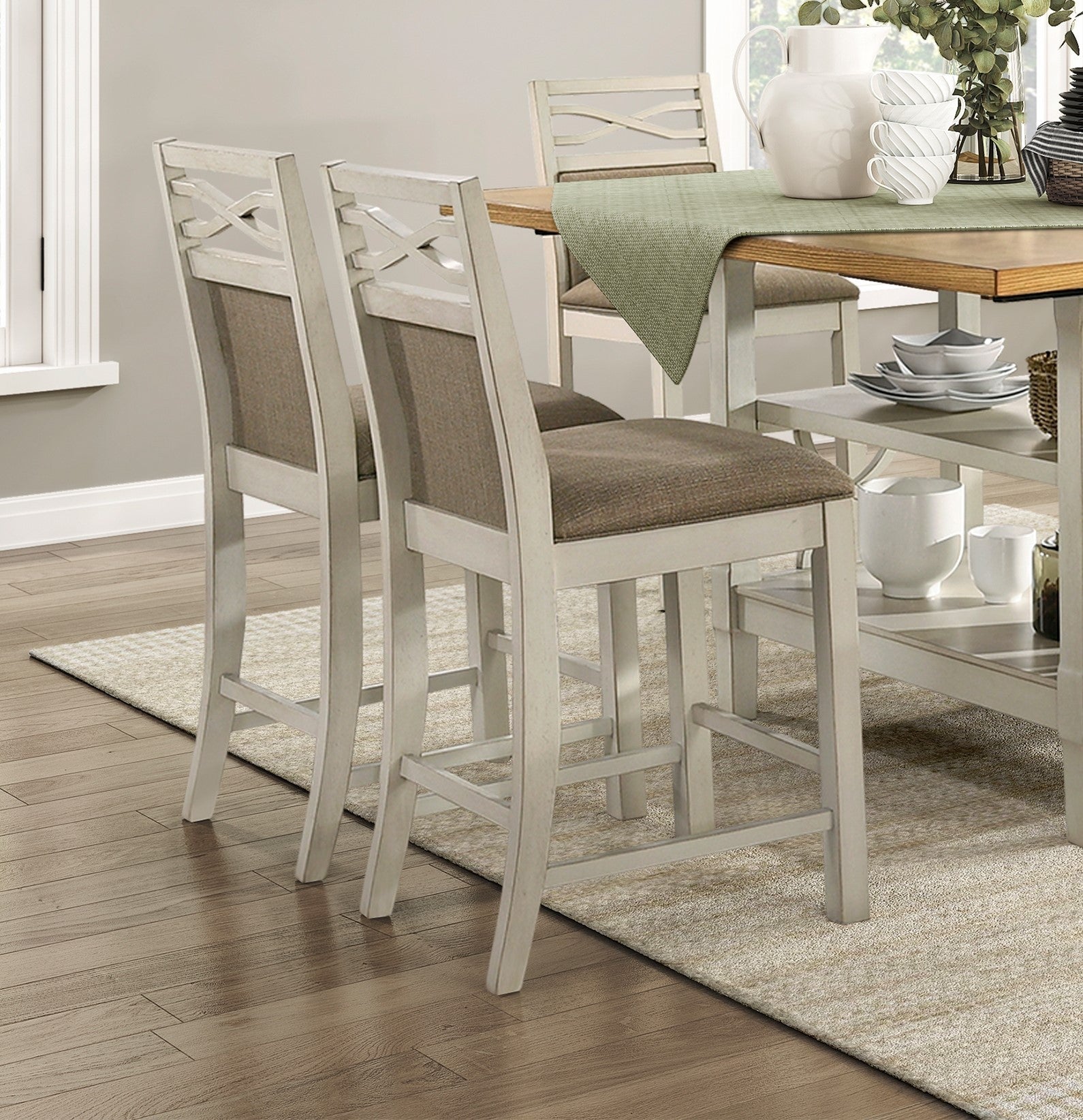 2-Piece Counter Height Chairs Set - Gray Fabric Upholstered Wooden Bar Stools with Back Support, Country Style Kitchen Dining Furniture for Breakfast Nook, Bar Counter & Small Space Decor