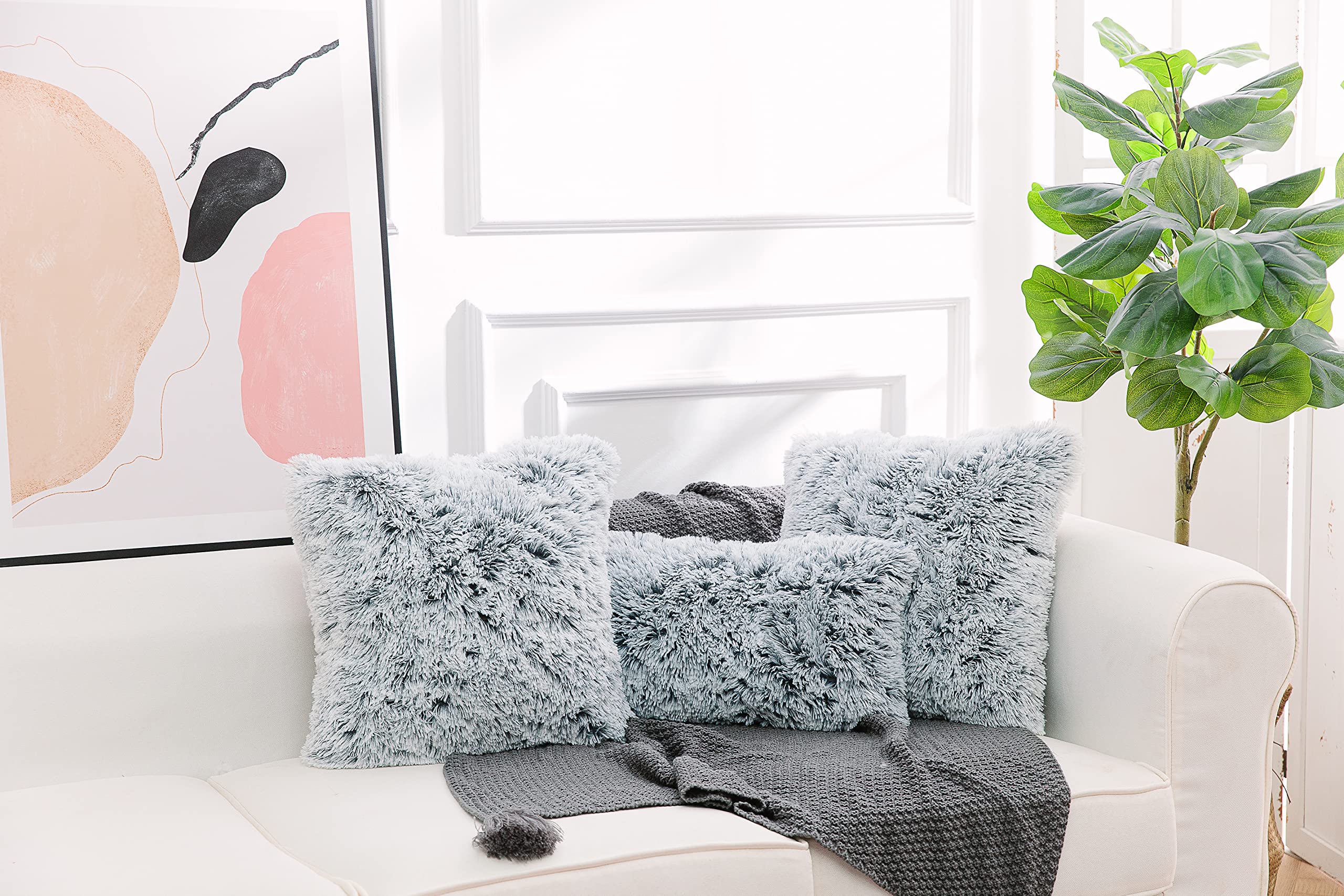NordECO HOME Luxury Soft Faux Fur Fleece Pillow Covers 16x16 Inch - Grey Ombre 2 Pack for Sofa, Bed & Home Decor - Cozy Throw Pillow Cases Without Insert