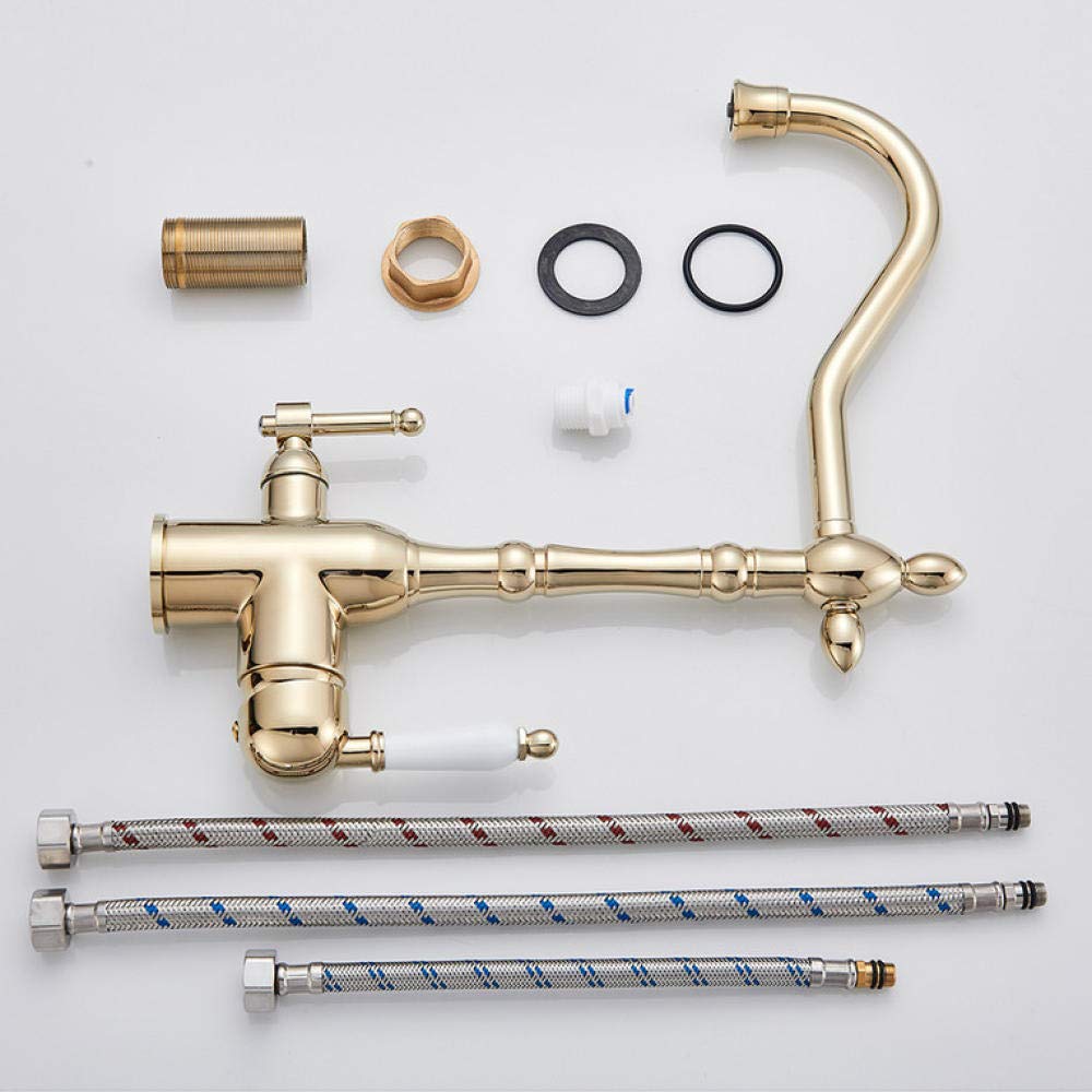 Golden Water Filter Kitchen Faucet - 2 Handle Drinking Water Faucet with Brass Swivel Spout | 3-in-1 Water Purifier Sink Faucet for Clean Drinking & Cooking | Perfect for Modern Kitchens & Home Water Filtration Systems