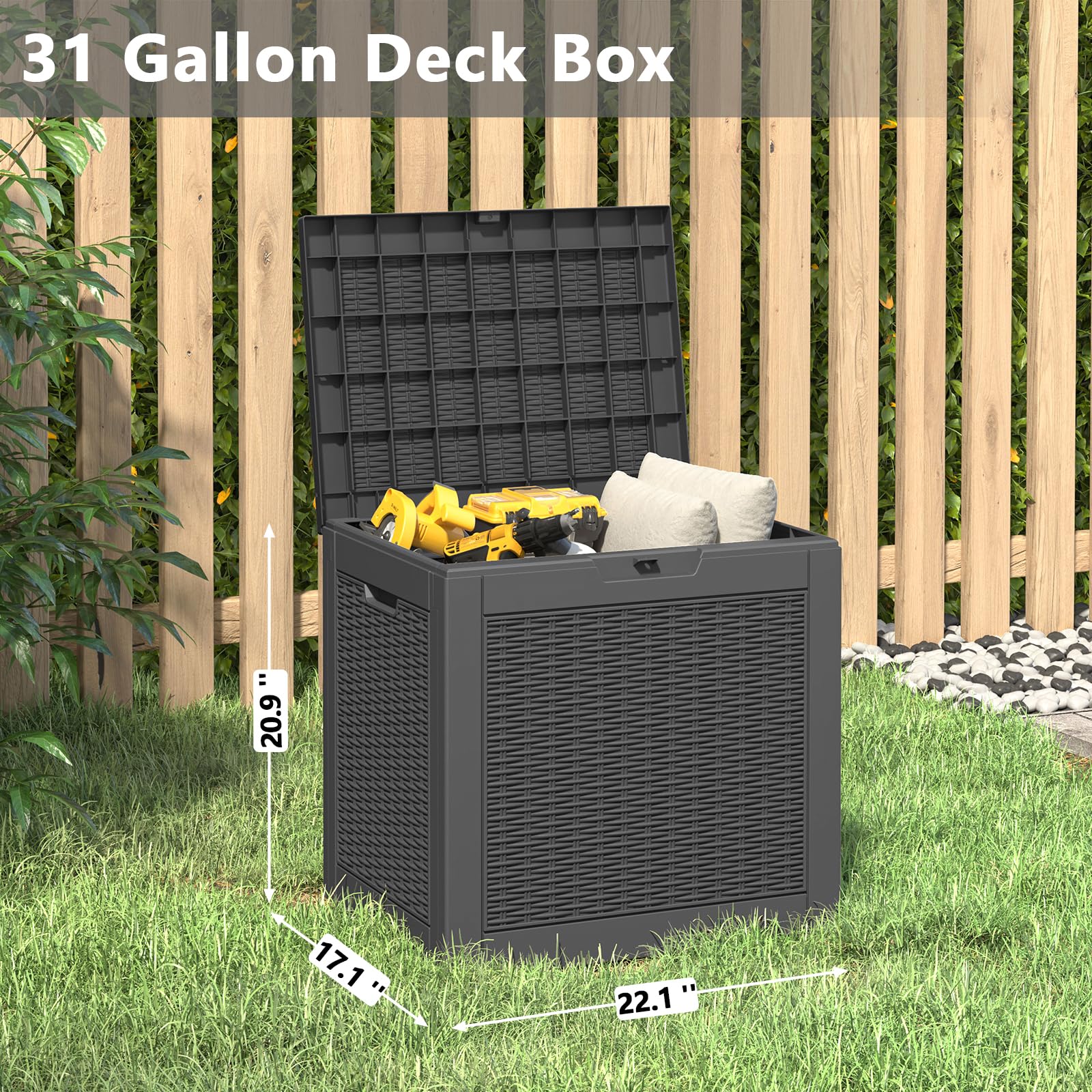 34 Gallon Waterproof Outdoor Storage Box with Lockable Lid - Deck Box for Backyard, Garden Tools, Patio Cushions & Pool Accessories | Indoor & Outdoor Use for Package Delivery, Organizing & Weatherproof Storage