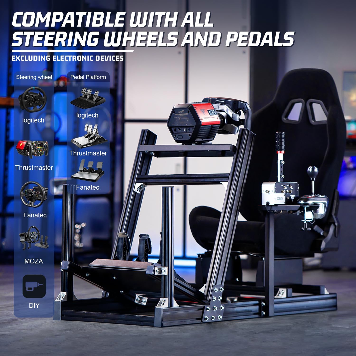 Marada Aluminum Profile Racing Simulator Cockpit with Seat - Fully Adjustable Frame for Thrustmaster, Fanatec, Moza & Logitech G29/GPro (8040 Series) | Perfect for Home Gaming, Esports Training & Professional Simulation | Steering Wheel/Pedals/Handbrake Not Included