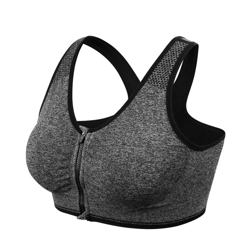 EKDSPW Women's Front Zipper Sports Bra - Breathable Wirefree Padded Push Up Workout Top for Yoga, Gym & Fitness - Gray, Size M - Perfect for Running, HIIT & Activewear