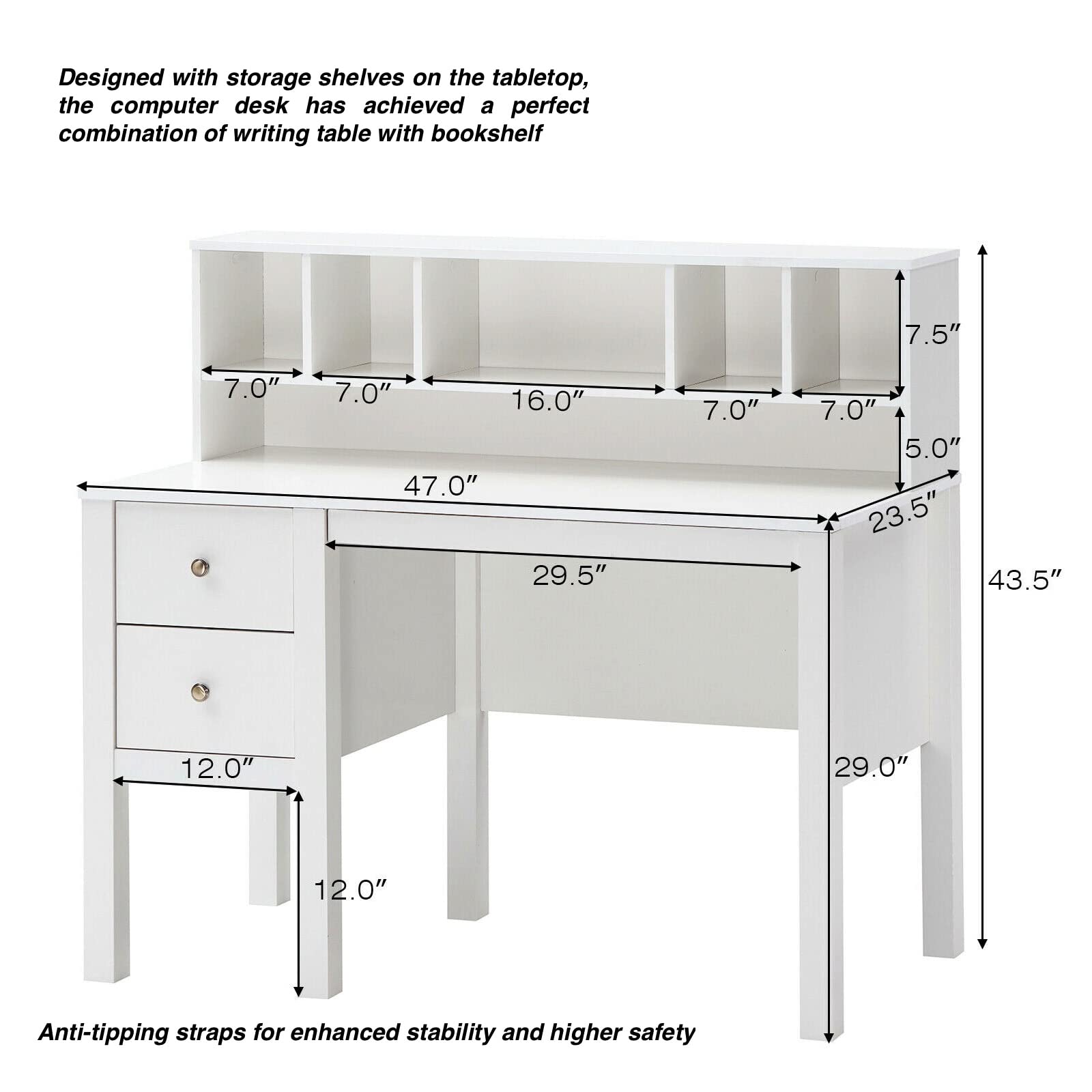 White Computer Desk with Hutch & 2 Slide-Out Drawers - Modern Laptop Workstation, Study Writing Table for Home Office - Spacious Tabletop with Anti-Tipping Straps - Perfect for Small Spaces, Gaming Setup & Remote Work