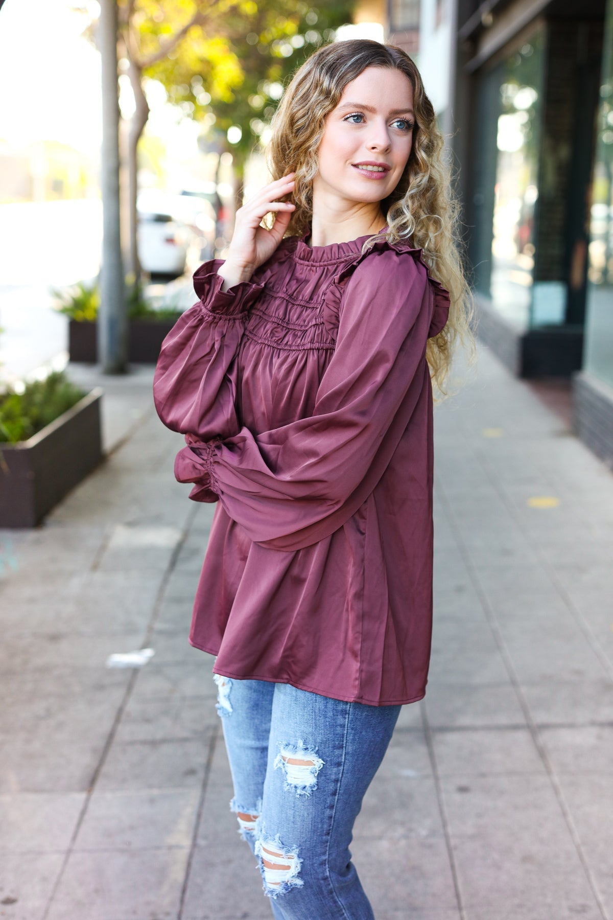 Stylish Wine Satin Shirred Yoke Frilled Mock Neck Top for Women | Elegant Blouse for Date Night, Parties & Special Occasions