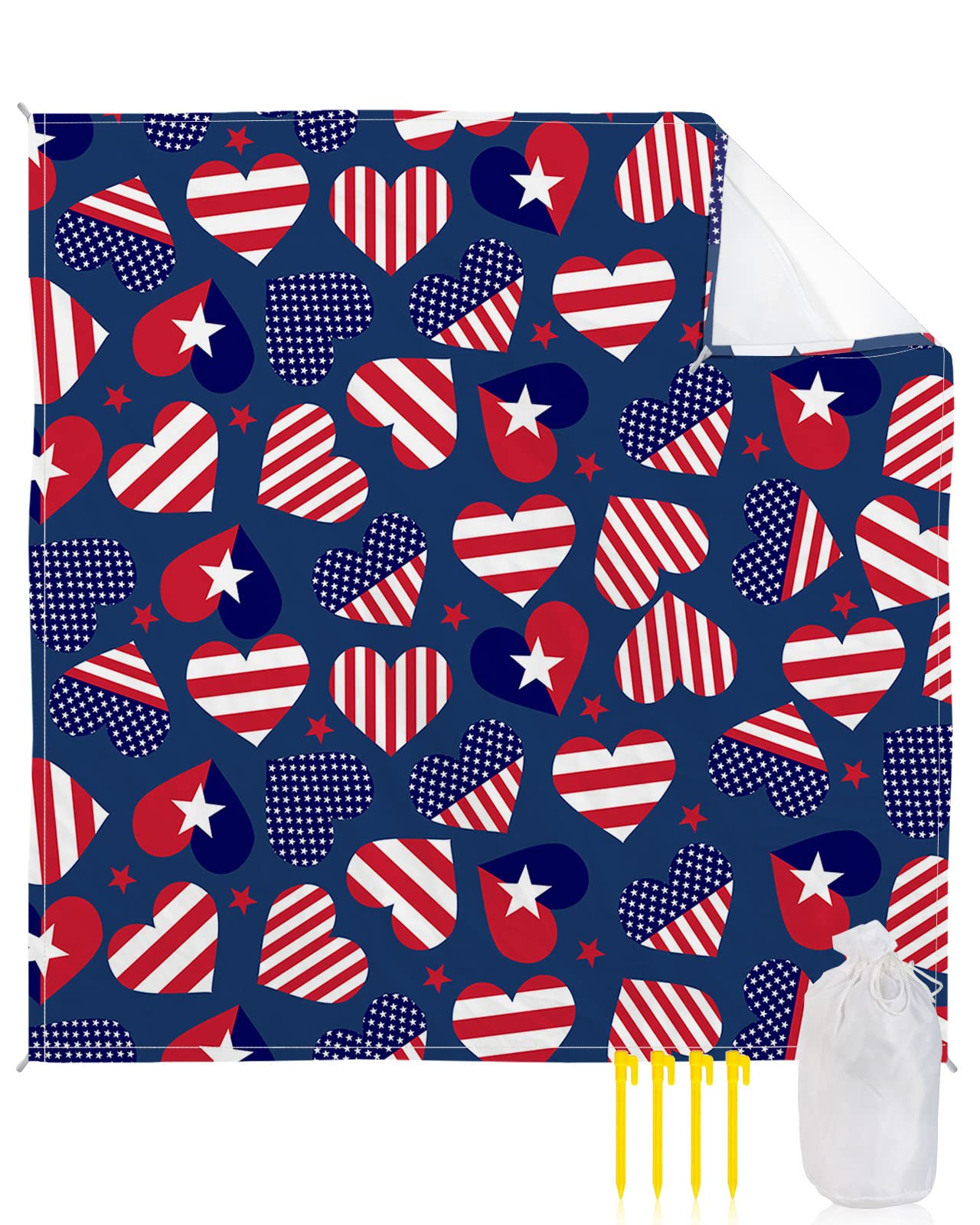 American Flag Star Beach Blanket - Sand Proof, Waterproof & Lightweight Picnic Mat with Corner Pockets (108x84 Inch) - Perfect for 4th of July, Beach, Camping, Travel & Outdoor Adventures