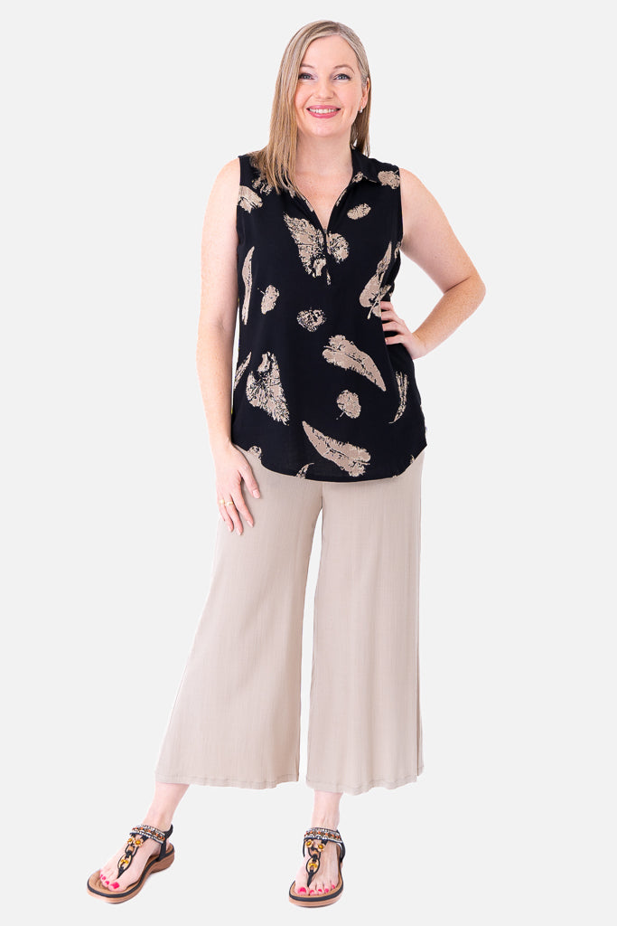 Breathable Hula Tank Top - Shadow Leaf Print, Soft Linen Bamboo Blend for Women - Perfect for Yoga, Beach & Summer Outfits