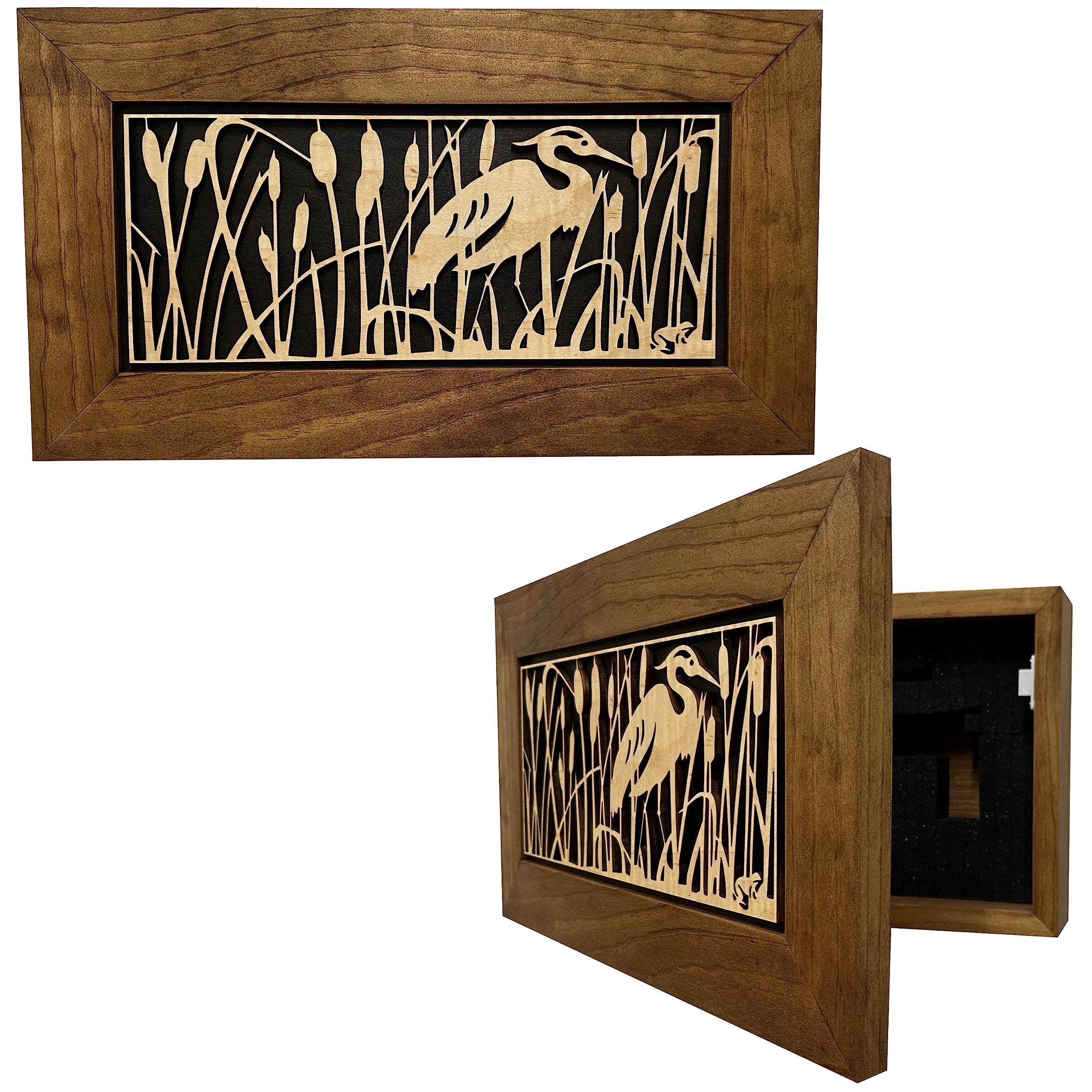 Hidden Gun Storage Cabinet with Heron in Cattails - Wall Mounted Concealed Gun Safe for Secure Firearm Storage by Bellewood Designs | Perfect for Home, Office & Cabin Security