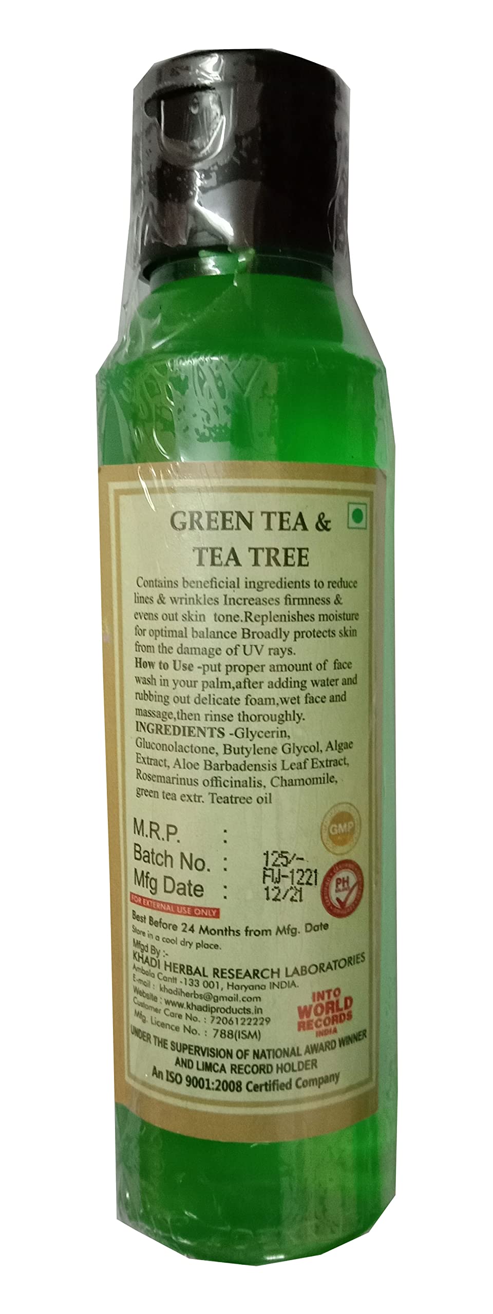 KHADI ORGANIC 100% Pure Natural Face Wash - SLS & Paraben Free, 120ml (Green Tea & Tea Tree) - Gentle Cleansing for Acne-Prone & Sensitive Skin - Daily Skincare Routine