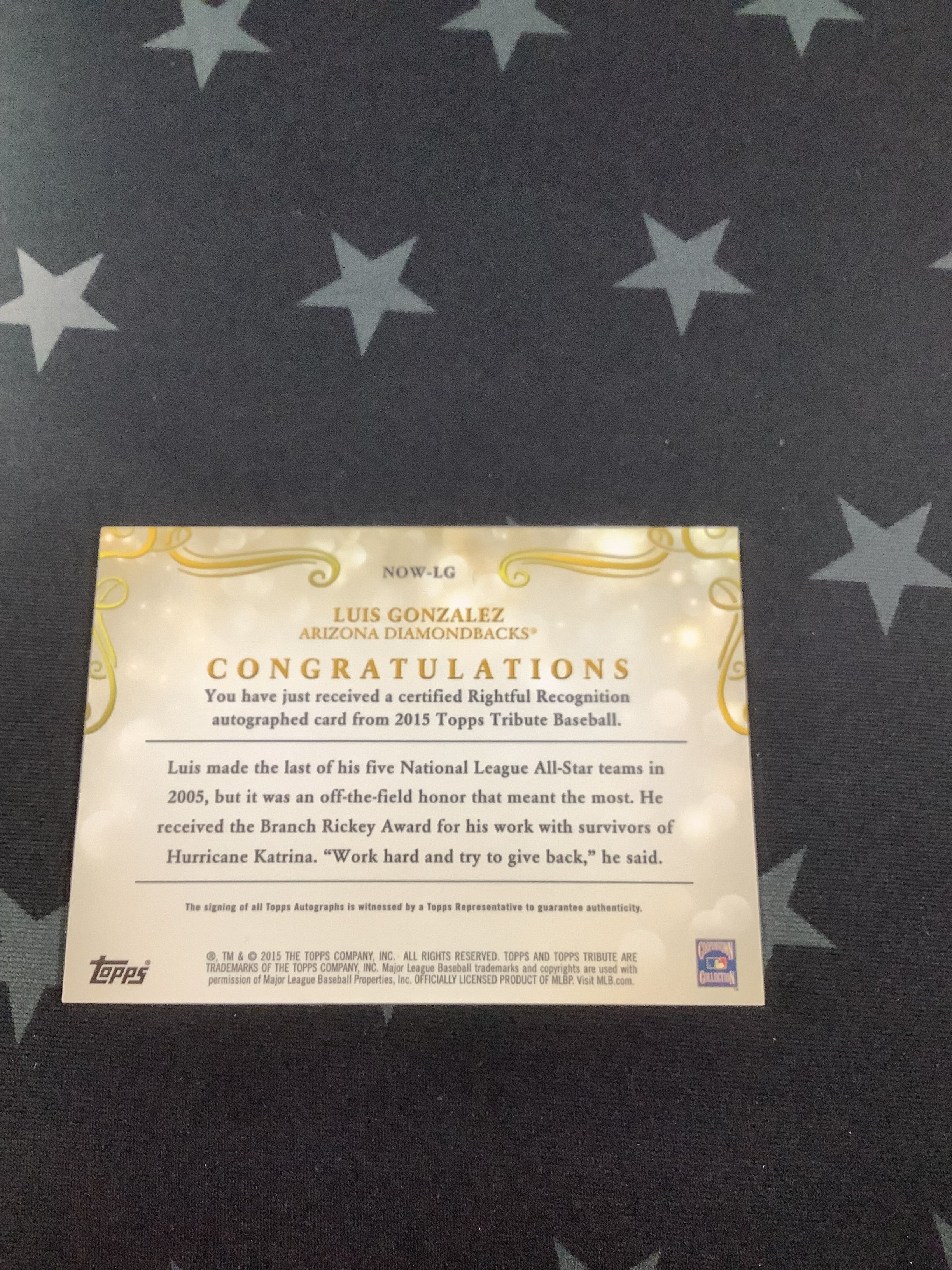 2015 Topps Tribute Luis Gonzalez Rightful Recognition Diamondbacks Autograph #NOW LG /10 - Rare Baseball Card for Collectors & Sports Memorabilia Enthusiasts