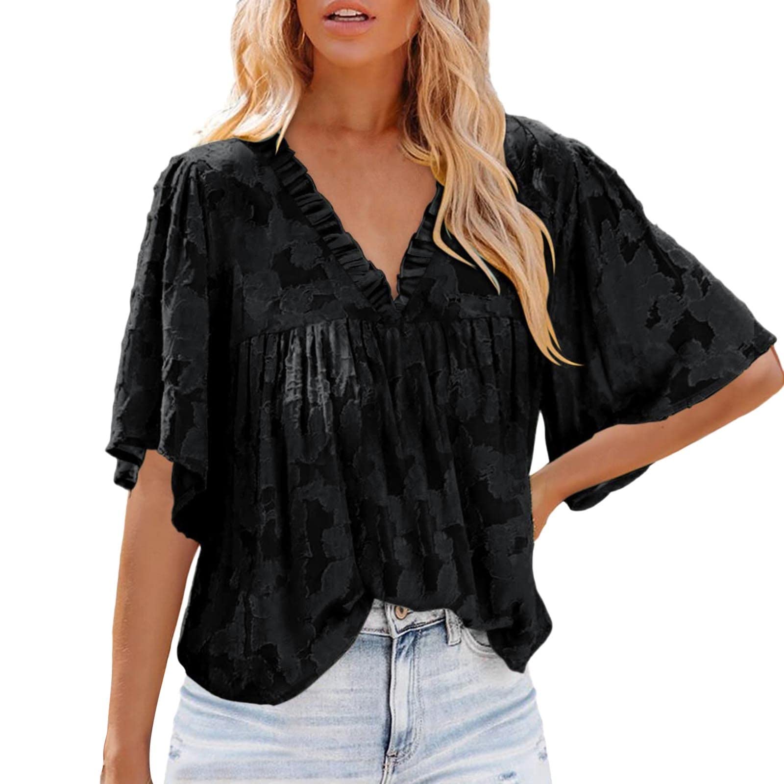 iOPQO Women's Short Sleeve V-Neck Tunic Top - Polka Dot & Striped Casual Blouse Shirt (Black, XL) - Perfect for Work, Office, and Everyday Wear