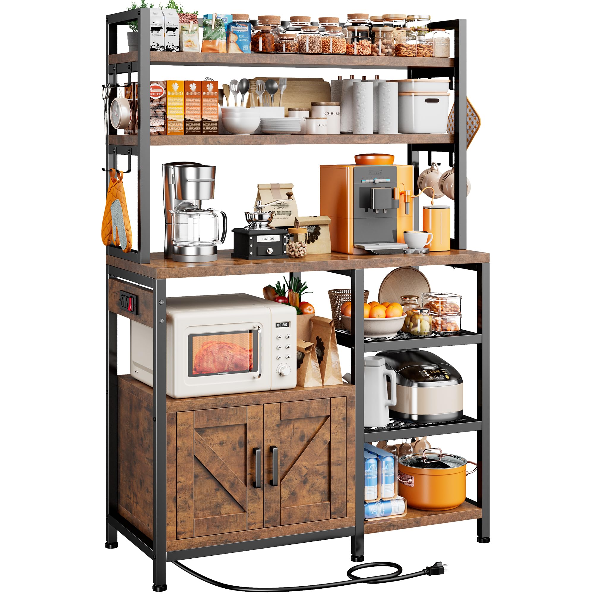 EnHomee 6-Tier Bakers Rack with Power Outlet & Storage Cabinet - Rustic Brown Kitchen Utility Shelf with Side Hooks | Perfect for Coffee Bar, Microwave Stand & Kitchen Organization