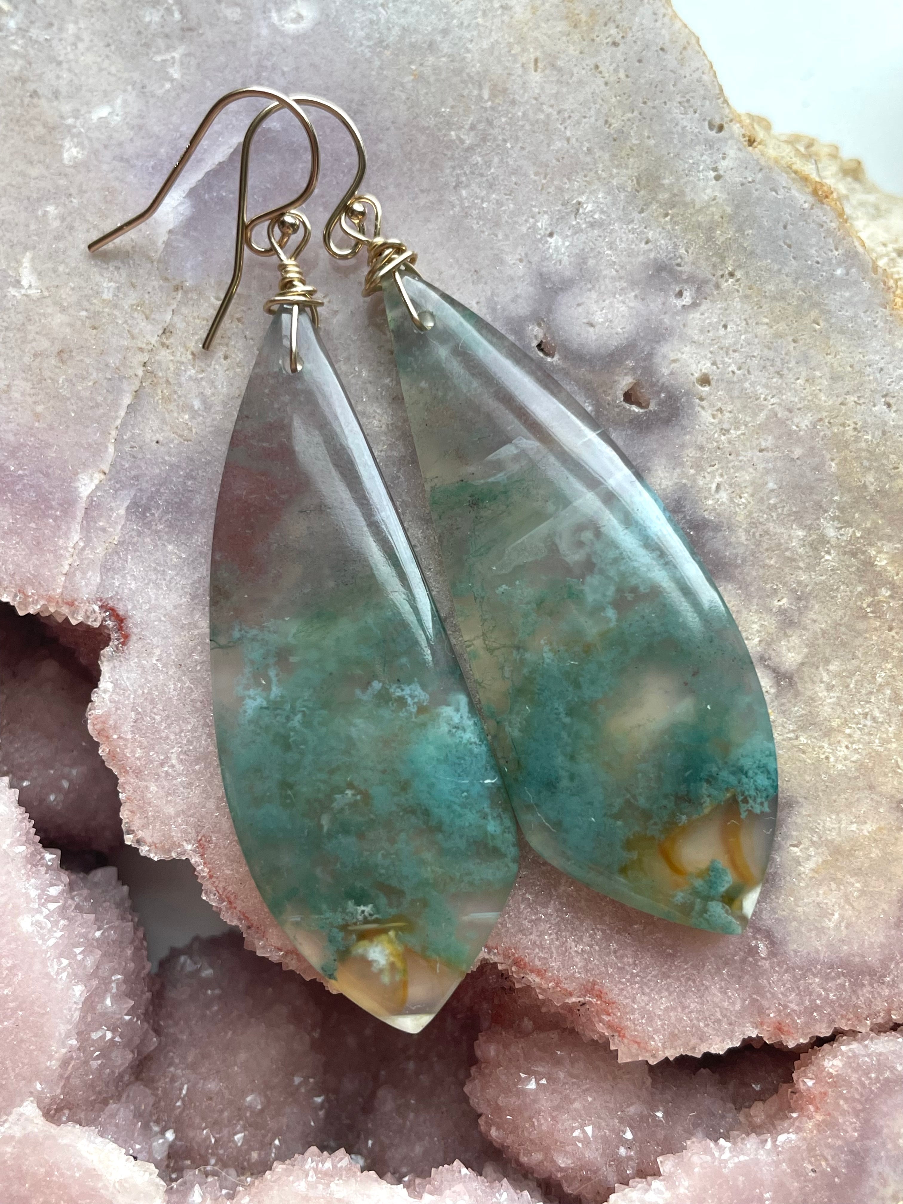 Large Moss Agate Statement Earrings - Gold Filled Dangle Earrings for Women | Elegant Boho Jewelry for Parties, Weddings & Special Occasions
