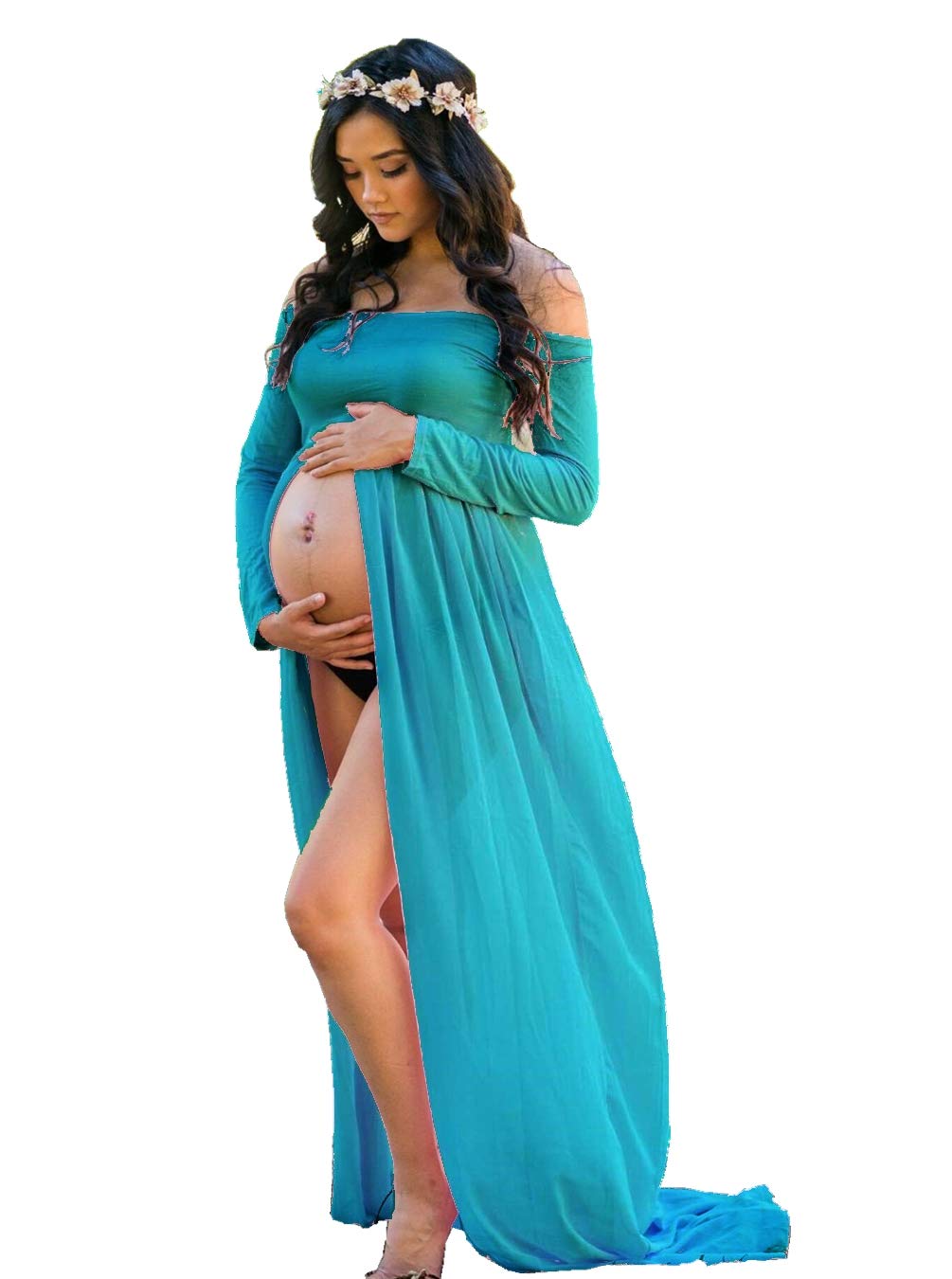 ZIUMUDY Maternity Maxi Dress - Elegant Chiffon Photography Gown with Split Front for Maternity Photoshoots, Baby Showers & Pregnancy Announcements