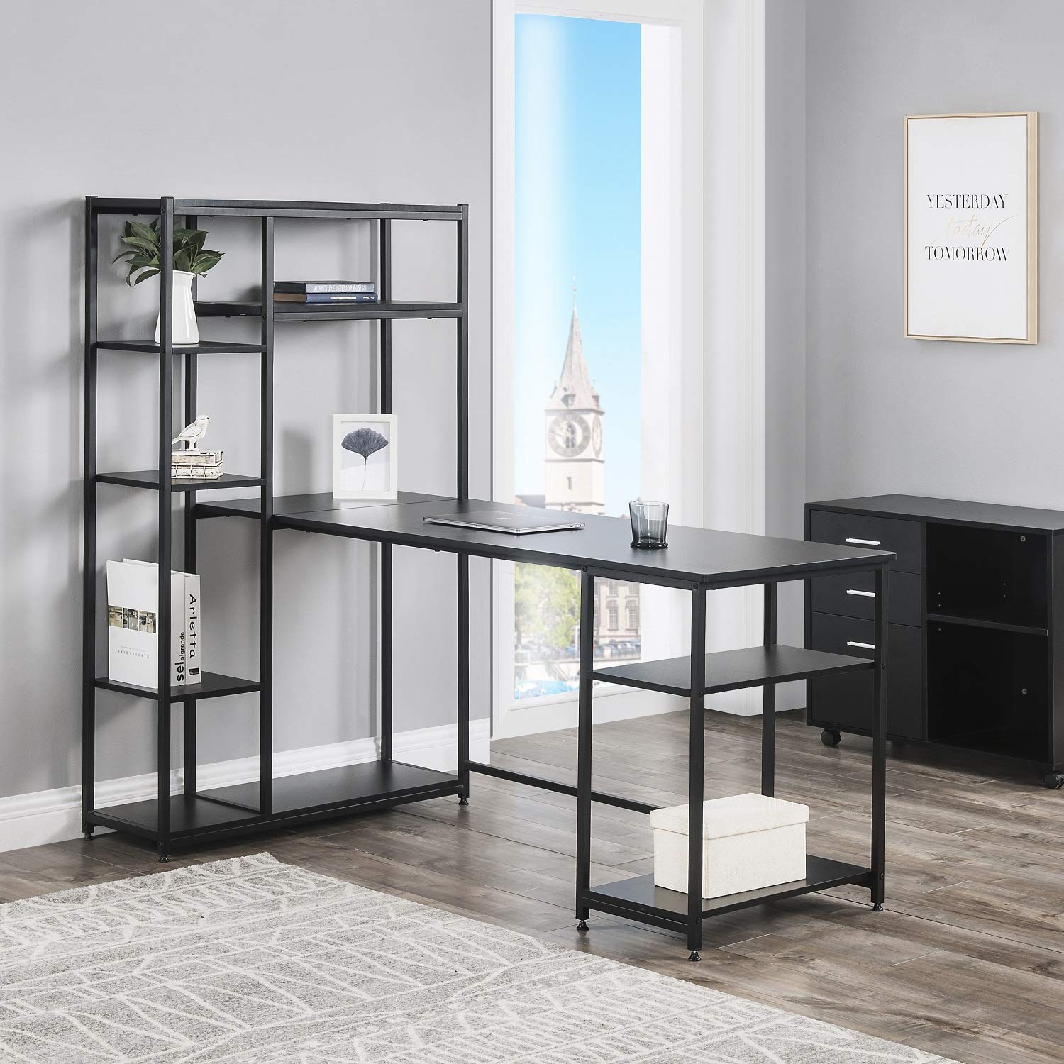 Rhomtree 63 Inch Home Office Desk with Storage Shelves - Modern Large Computer Table for Writing, Study, Workstation & Gaming - Sturdy Metal and Wood Frame (Black) - Perfect for Small Spaces, Home Office, Dorm Room & Gaming Setup