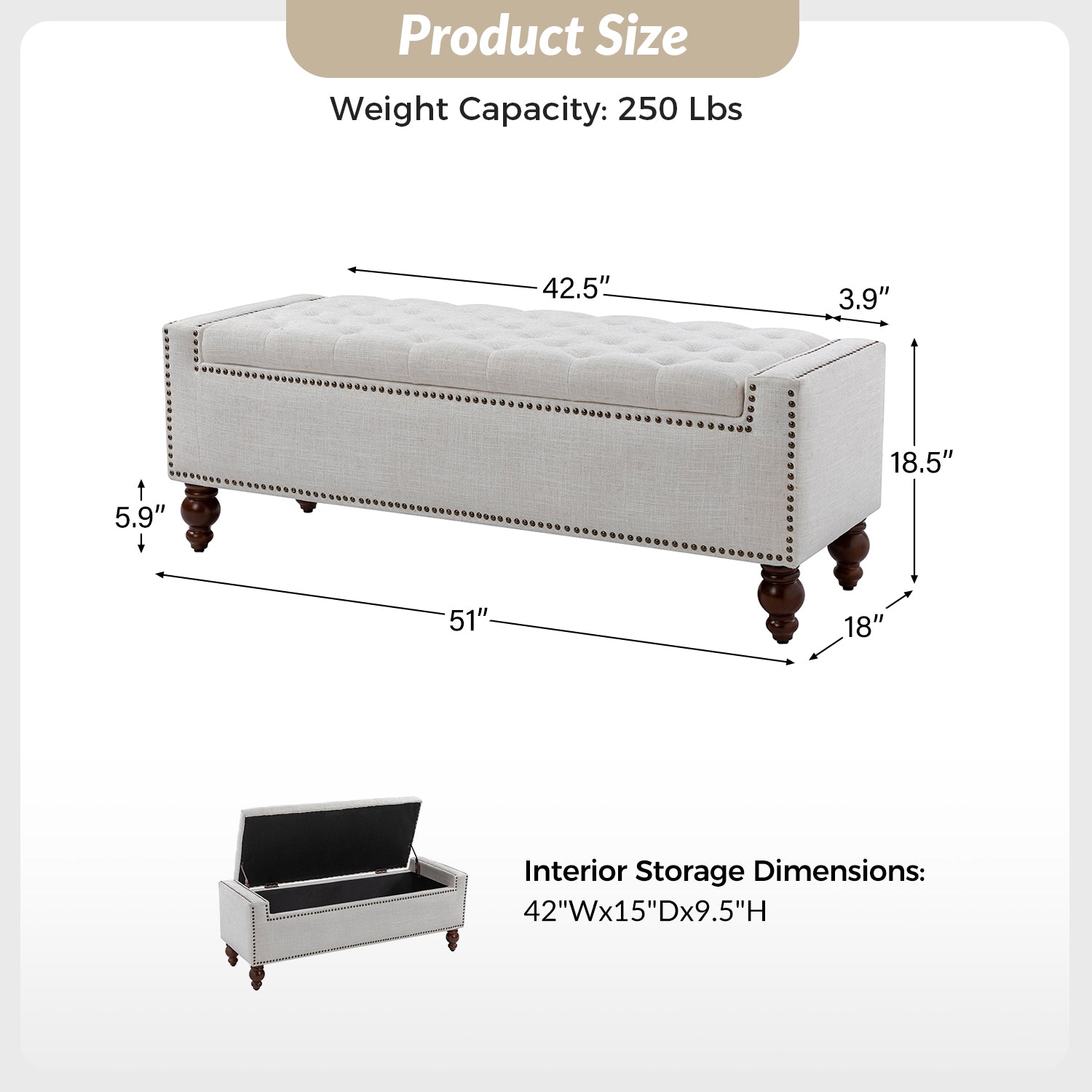 Eugen Upholstered Flip Top Storage Bench - Stylish Ottoman with Hidden Storage for Bedroom, Living Room & Entryway - Perfect for Seating, Storage & Home Decor