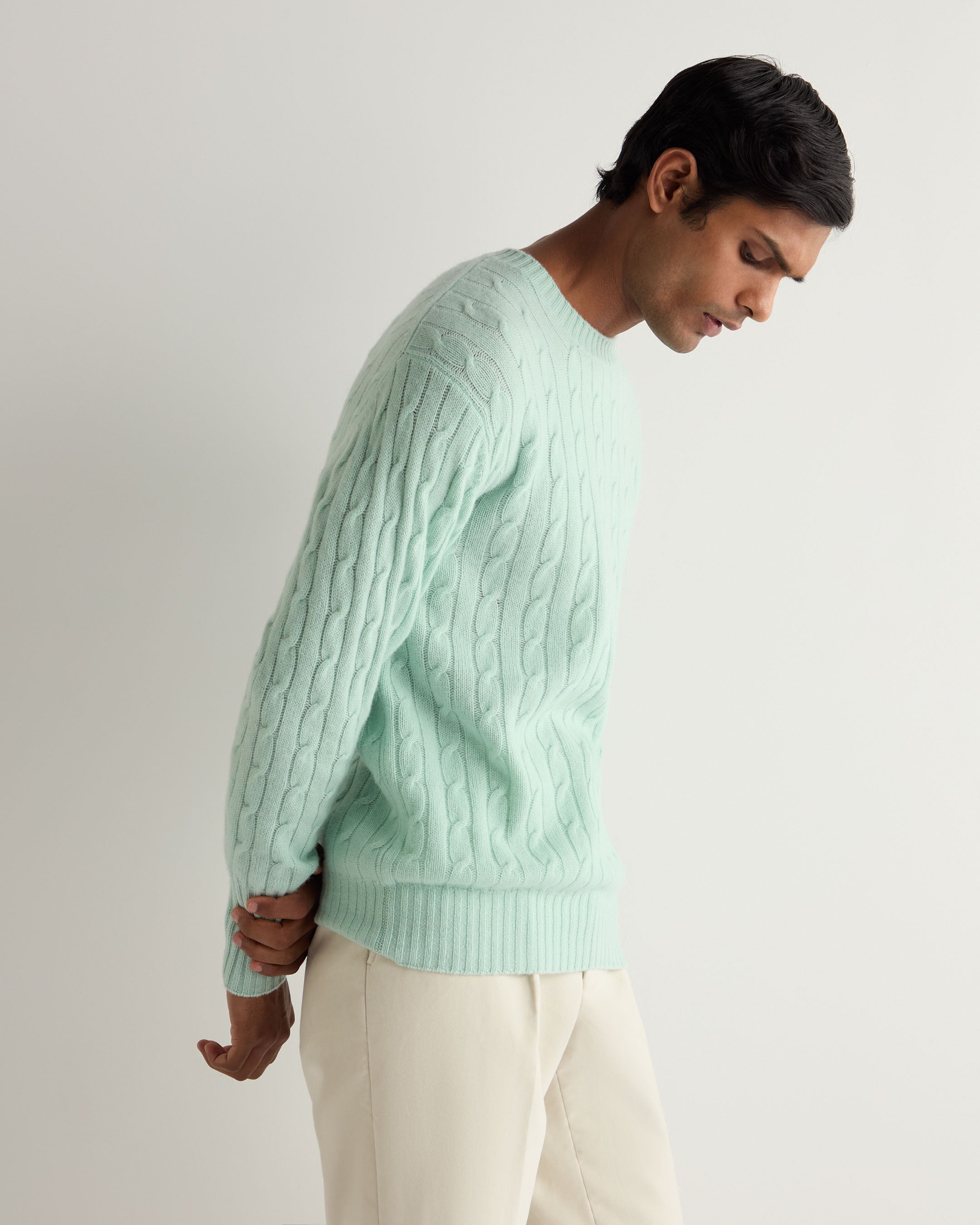 Premium Men's Cashmere Sweater - Soft Thames Cable Knit Round Neck Jumper in Dusty Teal Green | Perfect for Winter Warmth & Stylish Casual Outfits
