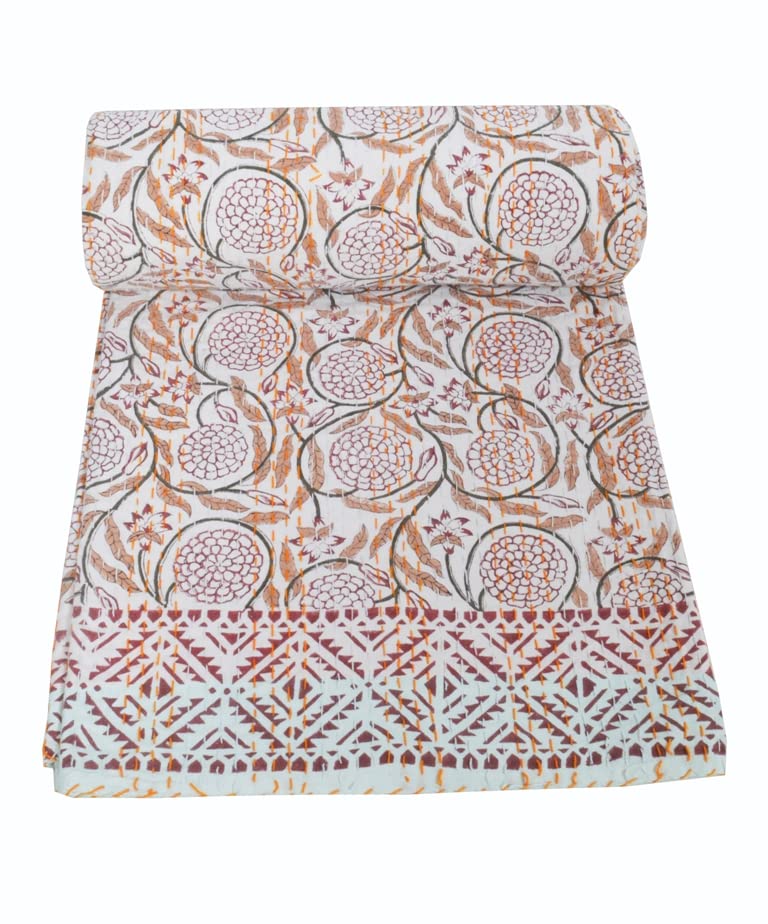 YUVANCRAFTS Indian Hand Block Print Cotton Kantha Quilt - Queen Size 90x108 Inch Brown Throw Blanket & Bedspread for Home Decor, Boho Bedroom, Cozy Living Room