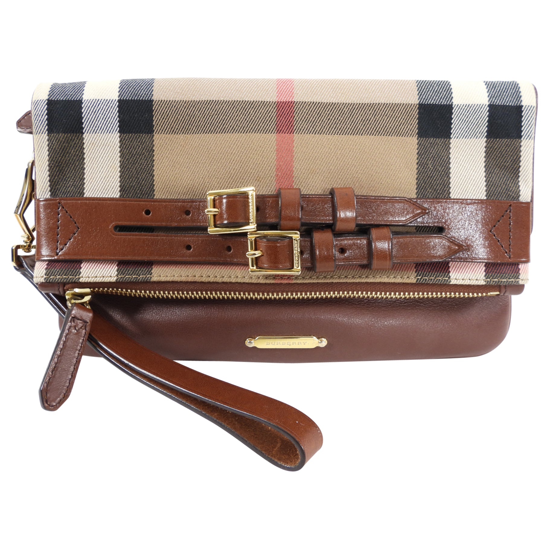 Burberry Brown Fold Over Check Wristlet Clutch Bag | Luxury Designer Crossbody Purse for Women | Perfect for Evening Parties, Date Nights & Special Occasions