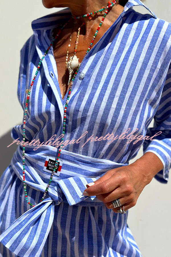 Summer Splendor Printed Button Half Sleeve Belt Loose Shirt Midi Dress - Flowy Boho Chic Outfit for Beach Vacation, Date Night & Casual Wear