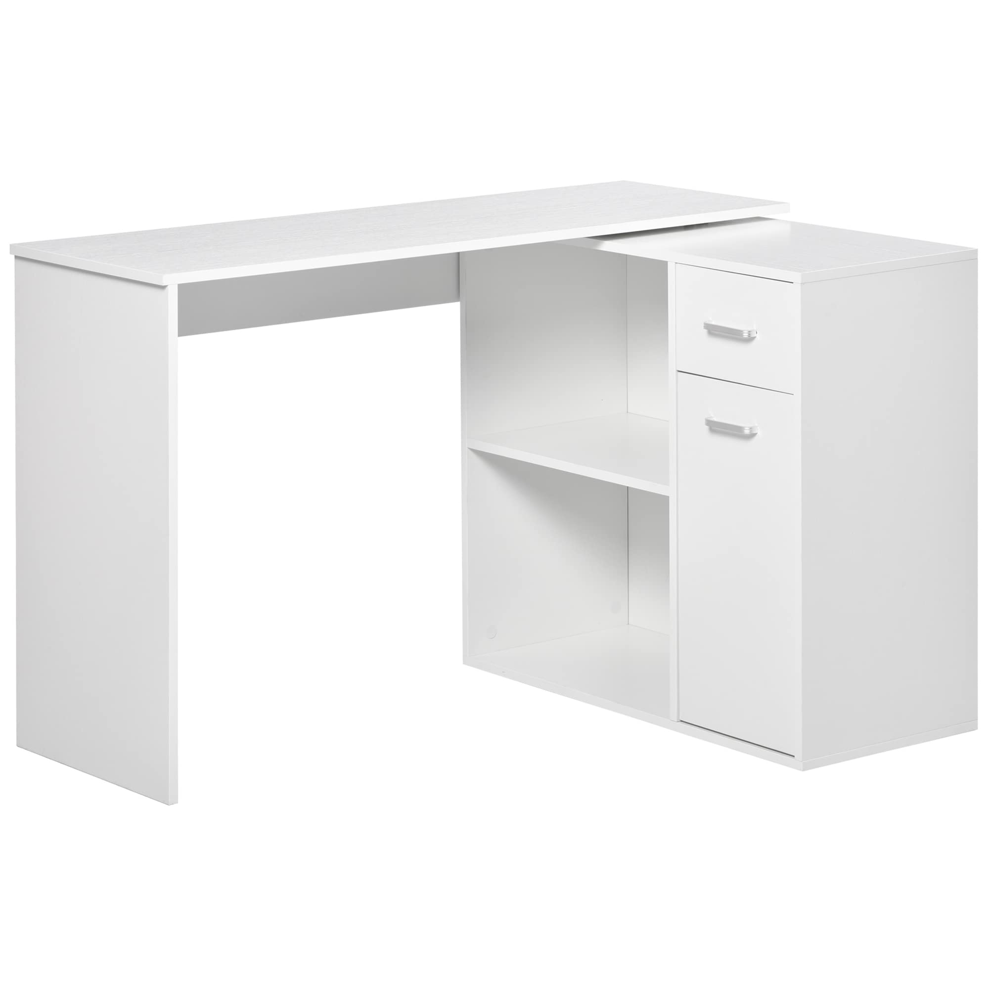 HOMCOM L-Shaped Computer Desk with Storage Shelves, Drawer & Cabinet - 180° Rotating Corner Study Workstation for Home Office, White - Perfect for Small Spaces, Gaming & Remote Work Setup