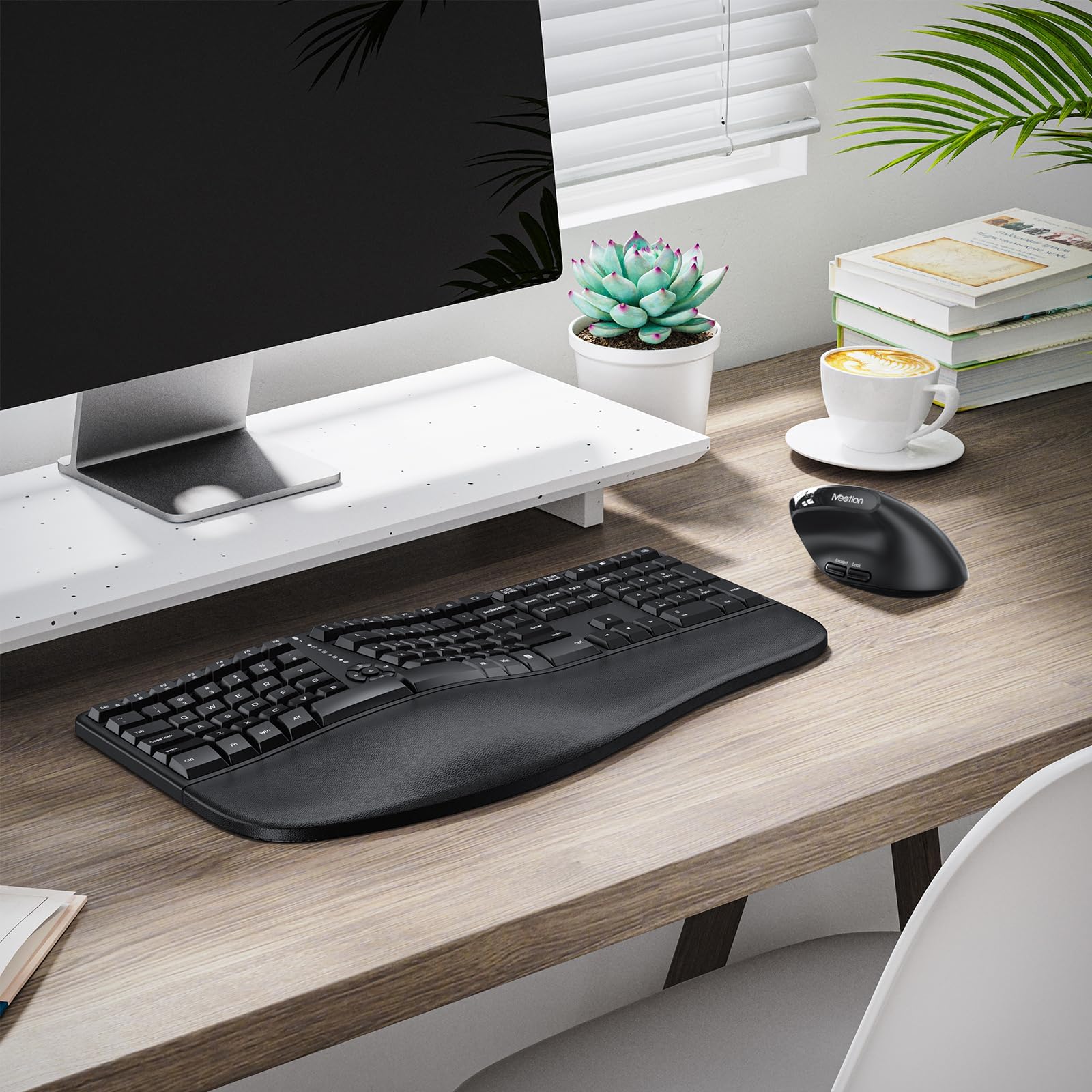 MEETION Ergonomic Wireless Keyboard and Mouse Combo - Split Design with Vertical Mouse, Cushioned Wrist Rest & Palm Support - Rechargeable Full-Size Keyboard for Natural Typing - Compatible with Windows/Mac/PC/Laptop - Perfect for Office Work, Gaming & Long Typing Sessions