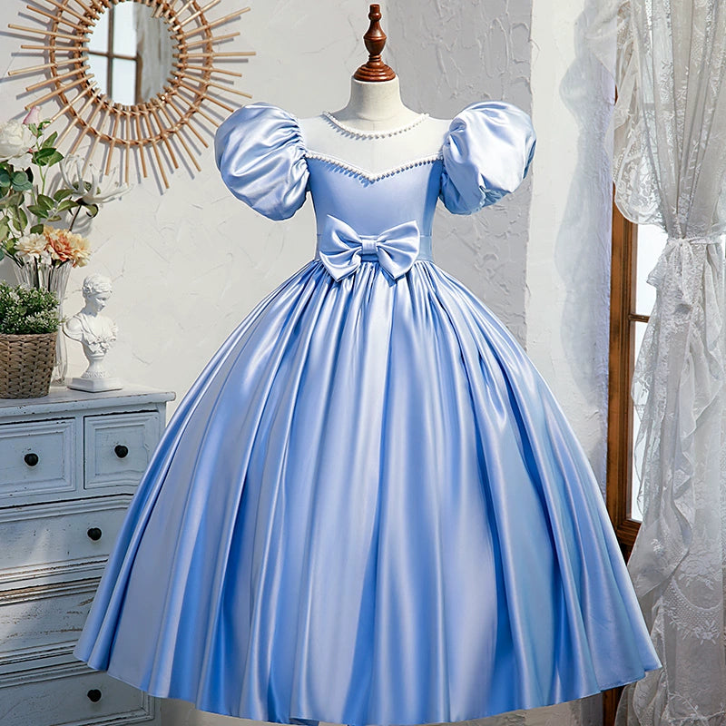 Royal Blue Satin Princess Jewel Neck Floor-Length Flower Girl Dress - Perfect for Weddings, Pageants & Special Occasions