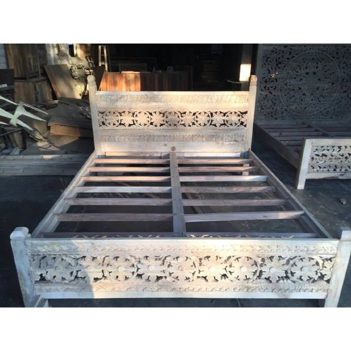 Hand Carved Wooden Indian Design Platform Bed - Queen/King Size Solid Wood Bed Frame for Master Bedroom & Guest Room