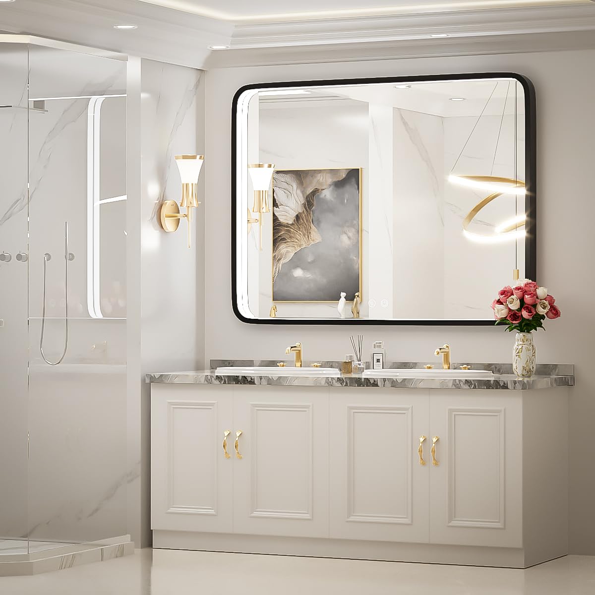 40x30 Inch LED Bathroom Mirror with Anti-Fog & Dimmable Touch Control - Modern Metal Frame Vanity Mirror for Wall Mount (Horizontal/Vertical) - Perfect for Makeup, Shaving & Home Decor Lighting