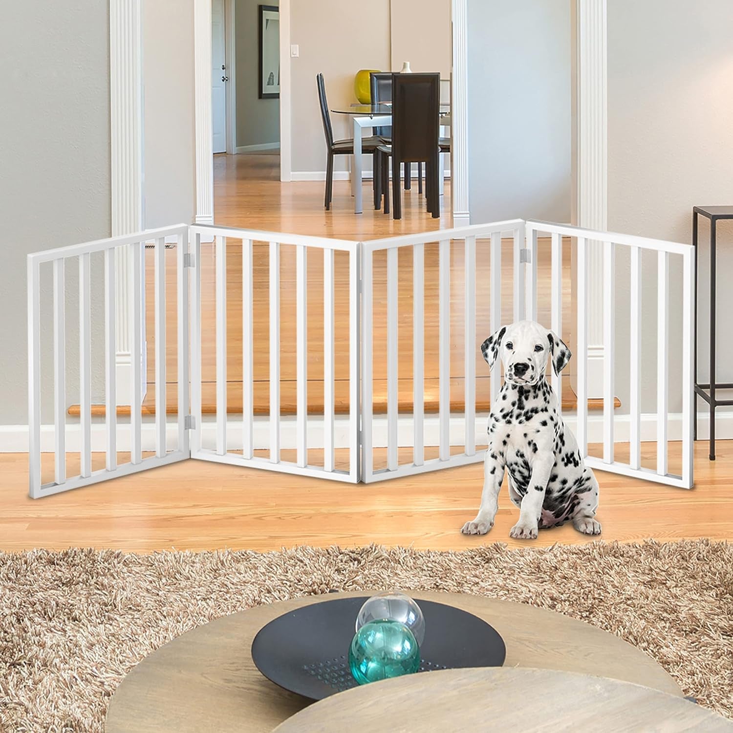 4 Panel Foldable Pet Gate for Dogs & Cats - 72x24 Inch Freestanding Indoor Dog Fence for Stairs, Hallways, Doorways - Retractable Wooden Gate (White) - Perfect for Home Safety & Pet Containment