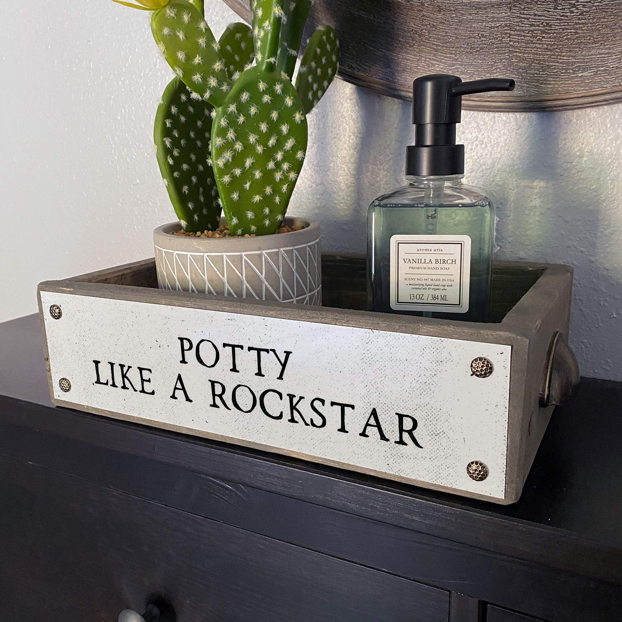 ANVEVO Potty Like A Rockstar - Rustic Farmhouse Wooden Toilet Paper Holder & Diaper Caddy - Funny Bathroom Decor Box with Sayings - Perfect for Nursery, Farmhouse Style Bathrooms & Gift Ideas