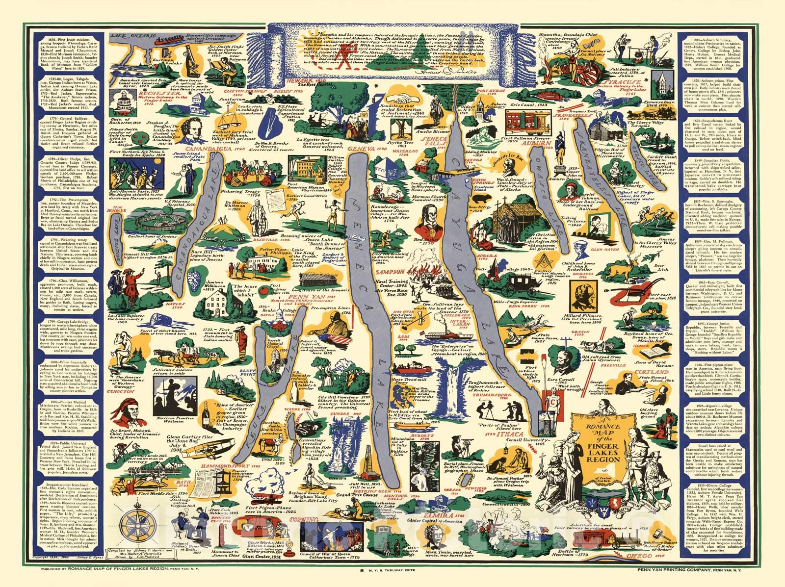 1962 Vintage Finger Lakes Region Romance Map - Historic Central New York Wall Art Decor 44x34 inches - Perfect for Home, Office & Gift Giving