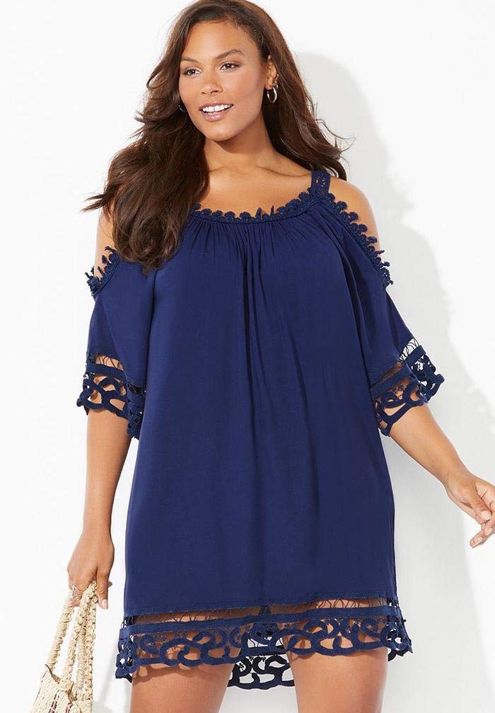 Plus Size Women's Swim Cover Up Dress - Vera Crochet Cold Shoulder Beach Dress for Summer Vacation, Pool Party & Resort Wear