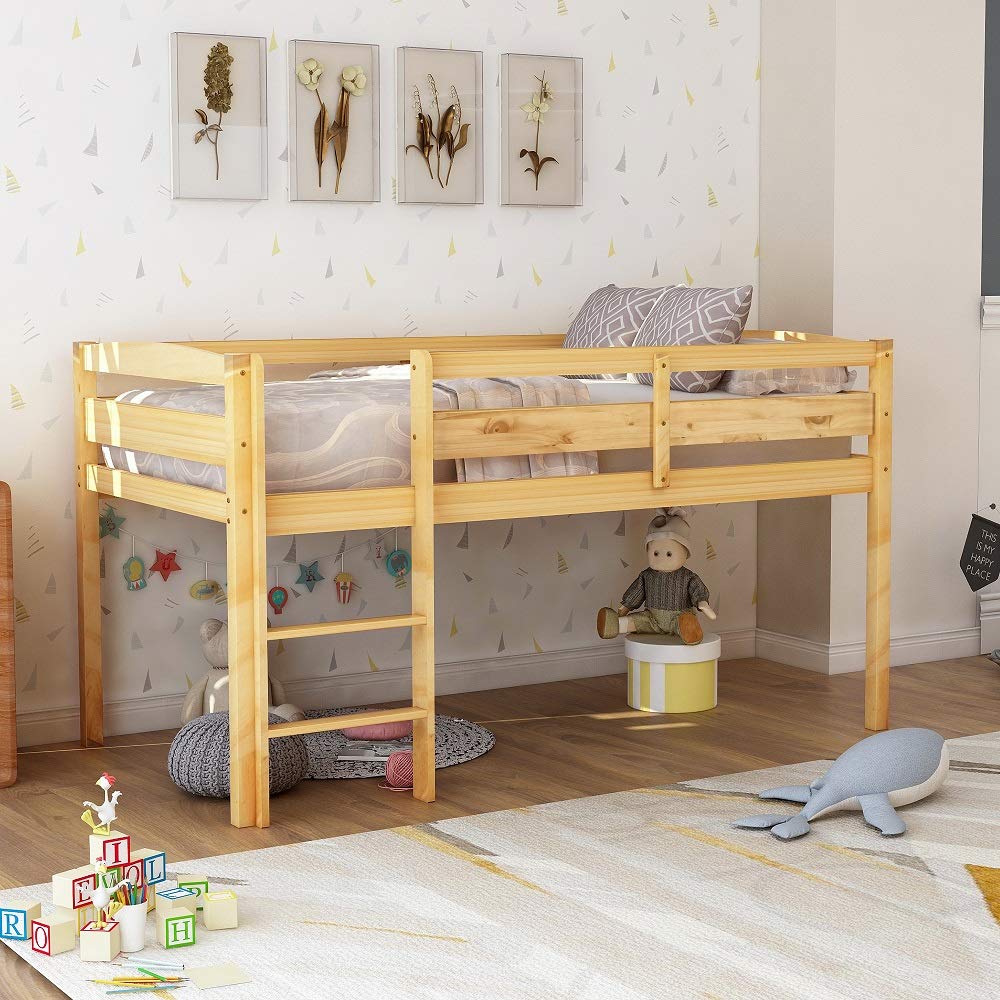 Rhomtree Twin Wood Loft Bed with Ladder - Low Bunk Bed for Kids, Teens & Youth - Sturdy Bed Frame for Boys & Girls - Natural Finish - Perfect for Small Bedrooms, Dorms & Shared Spaces
