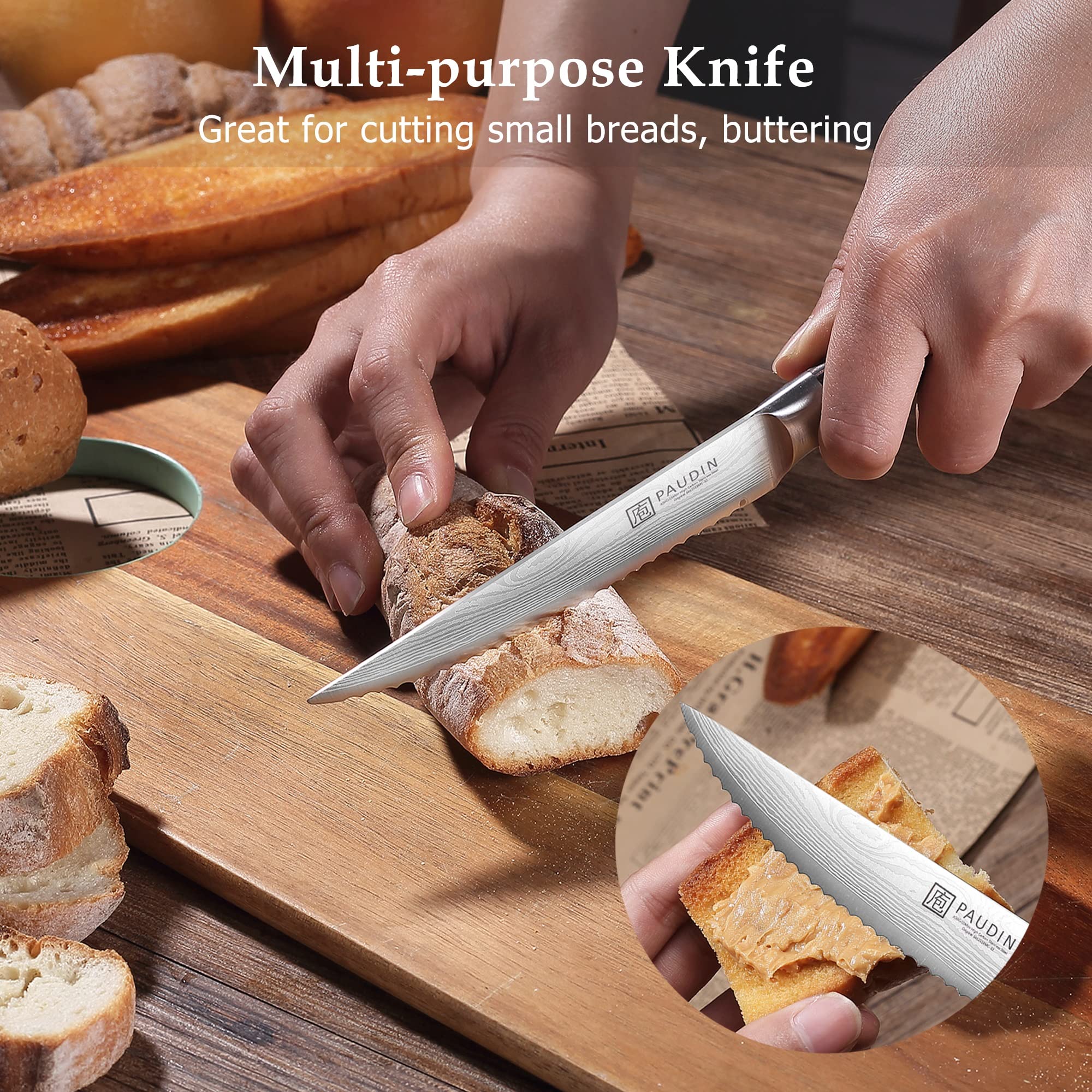 PAUDIN 6-Piece Steak Knives Set - 4.5 Inch High Carbon Stainless Steel Serrated Blades with Pakkawood Handle - Premium Kitchen Knives for Steak, Meat & BBQ - Includes Gift Box for Gifting & Dinner Parties