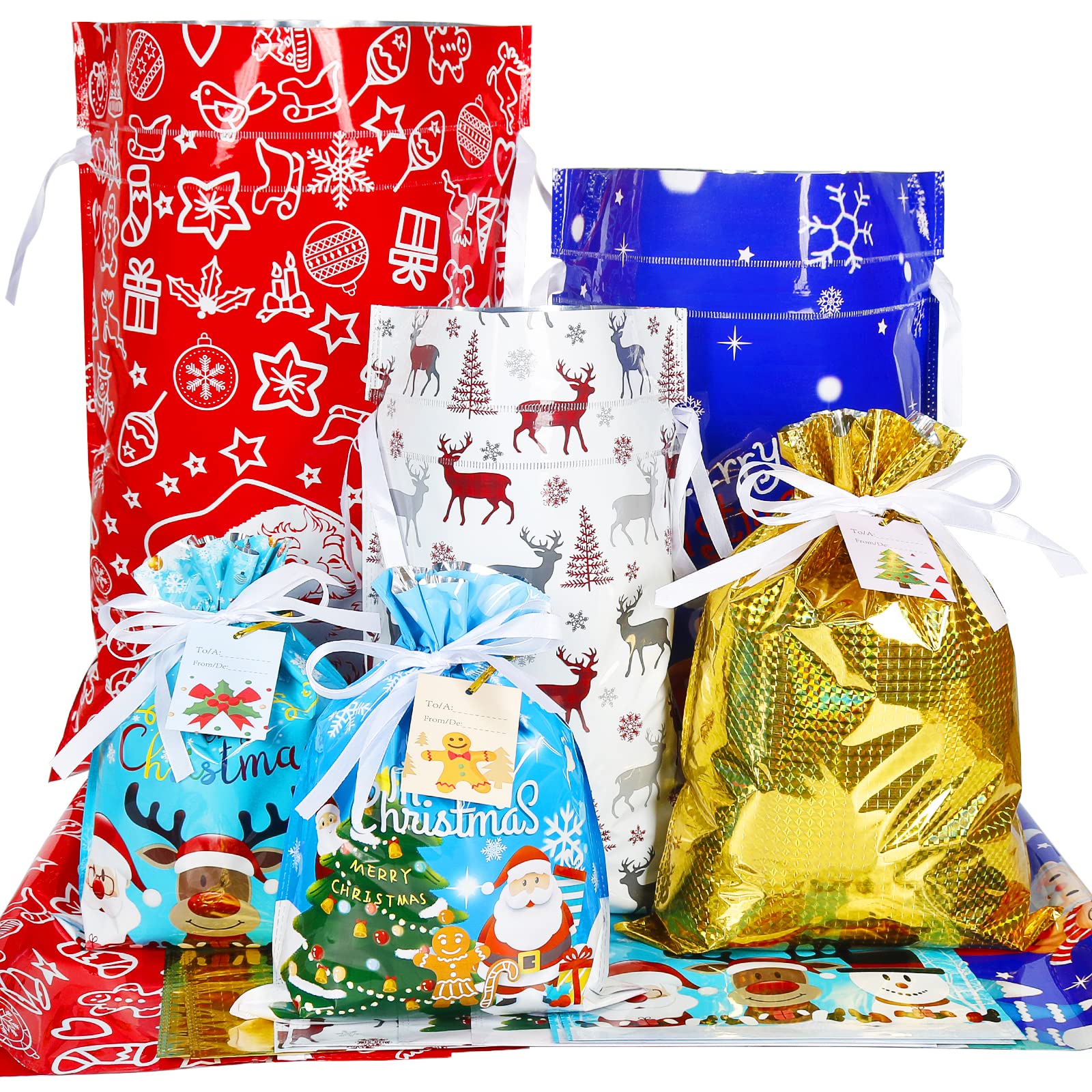 Advantez Christmas Drawstring Gift Bags - 15pcs Festive Foil Holiday Gift Bags for Christmas, Birthday, Party & Goodie Wrapping - Perfect for Holiday Presents, Stocking Stuffers & Festive Celebrations