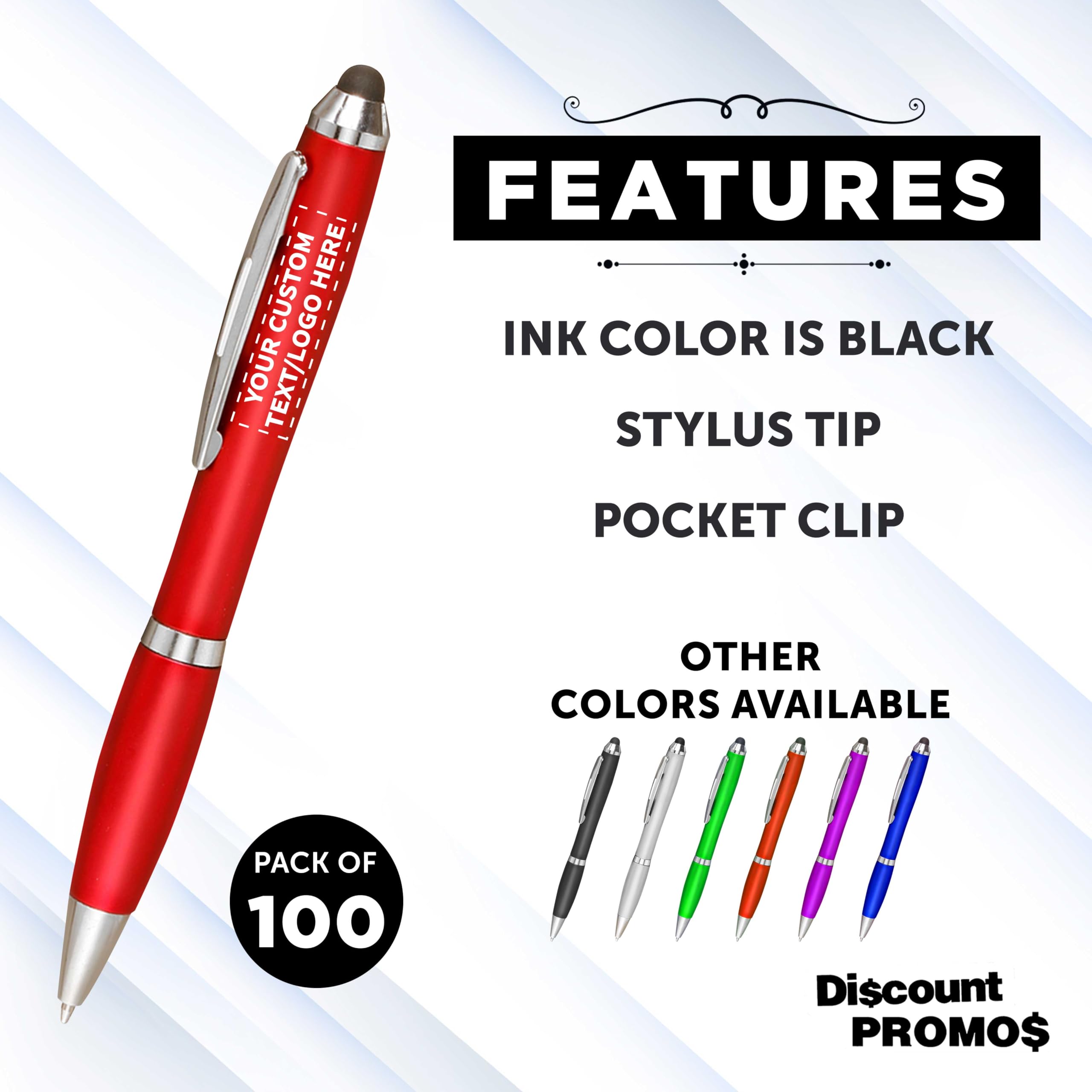 Custom Plastic Stylus Pens Bulk Pack of 100 - Personalized Black Ink Pens for Office, School & Business | Great for Tradeshows, Events & Giveaways | Premium Quality Stylus Pen Set for Digital Devices & Signatures